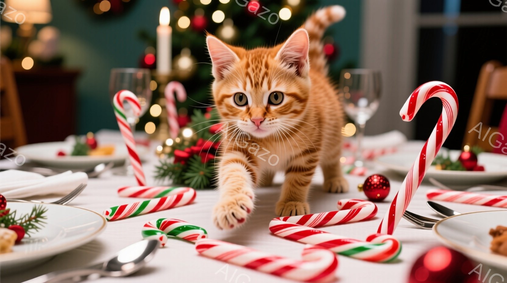 テーブルの上に、オレンジ色の縞模様の小さな猫が歩いており、クリスマスデコレーションと食器に囲まれています。背景には、ぼやけたクリスマスツリーと、暖色の照明があり、お祝いの雰囲気です。猫は前足を伸ばし、好奇心旺盛な表情でカメラの方を見ています。