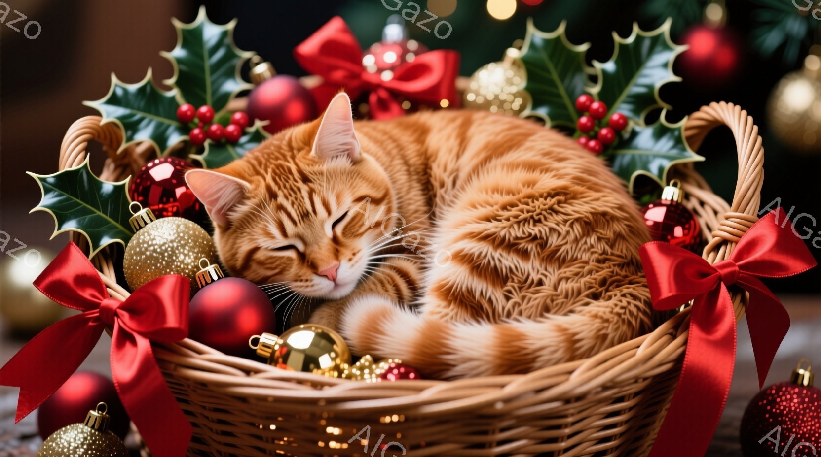 鮮やかなオレンジ色のトラ猫が、クリスマスオーナメントとリボンで飾られた籠の中で丸まって眠っています。背景には、ぼやけたクリスマスツリーの光が灯り、暖かく、お祝いムードを醸し出しています。猫の穏やかな表情と、クリスマスの装飾が組み合わさり、心安らぐ、愛らしい雰囲気を演出しています。