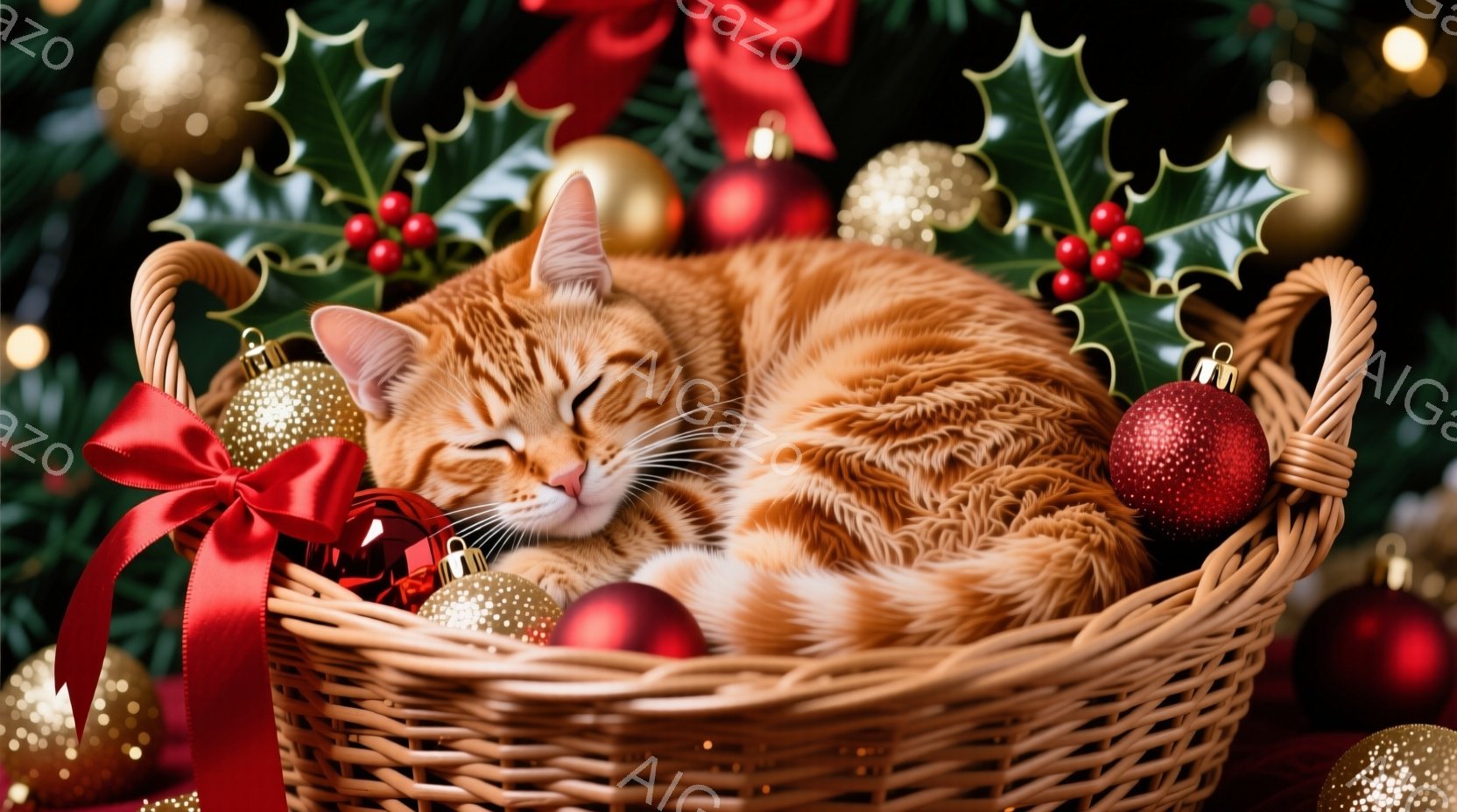 オレンジ色の縞模様の猫が、赤いリボンで飾られた編み込みの籠の中で丸まって眠っています。背景には、ホリーの葉や赤いオーナメントが散りばめられ、クリスマスの雰囲気です。暖かく、穏やかで、リラックスした様子 - AI生成フリー素材