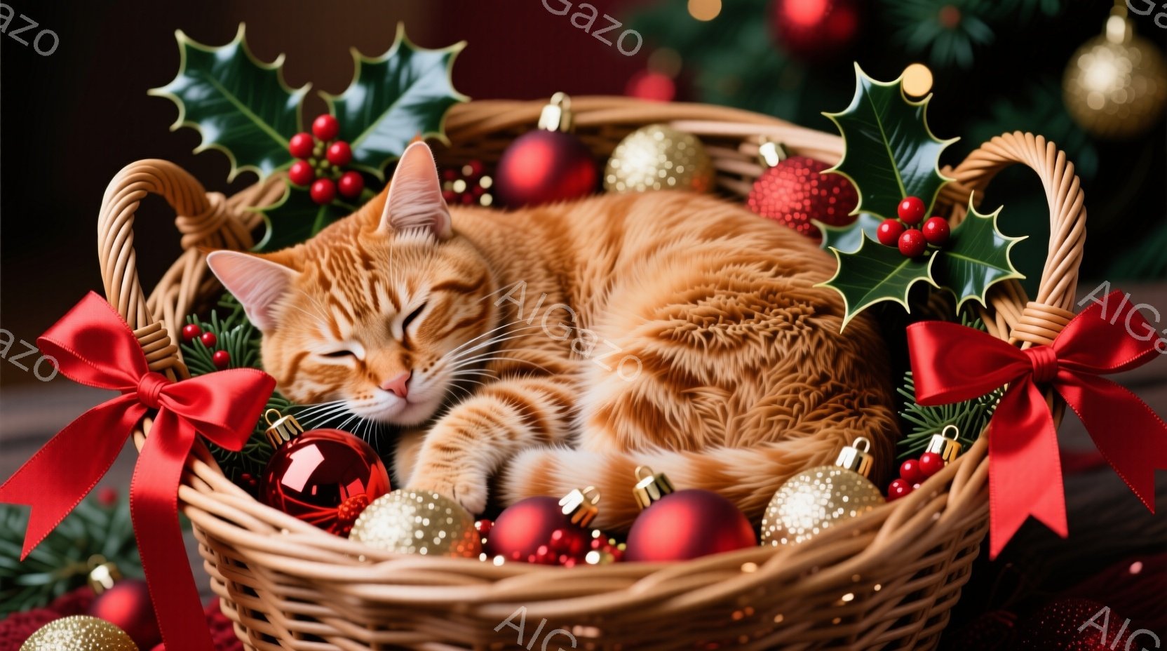 オレンジ色の縞模様の猫が、赤いリボンとクリスマスオーナメントで満たされた籐のバスケットの中で丸まって眠っています。猫は目を閉じ、リラックスした表情で、背景にはぼやけたクリスマスツリーと装飾が散りばめら - AI生成フリー素材