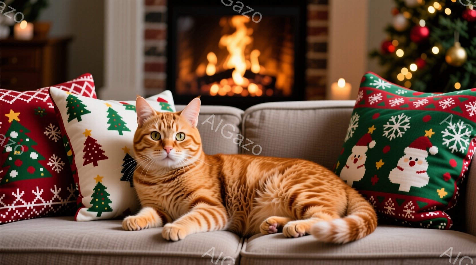 オレンジ色のトラ猫が、クリスマス柄のクッションに挟まれて、ゆったりとソファーに横たわっています。暖炉の炎とクリスマスツリーの光が、猫の毛並みを照らし、温かさと安らぎの雰囲気を醸し出しています。背景には - AI生成フリー素材