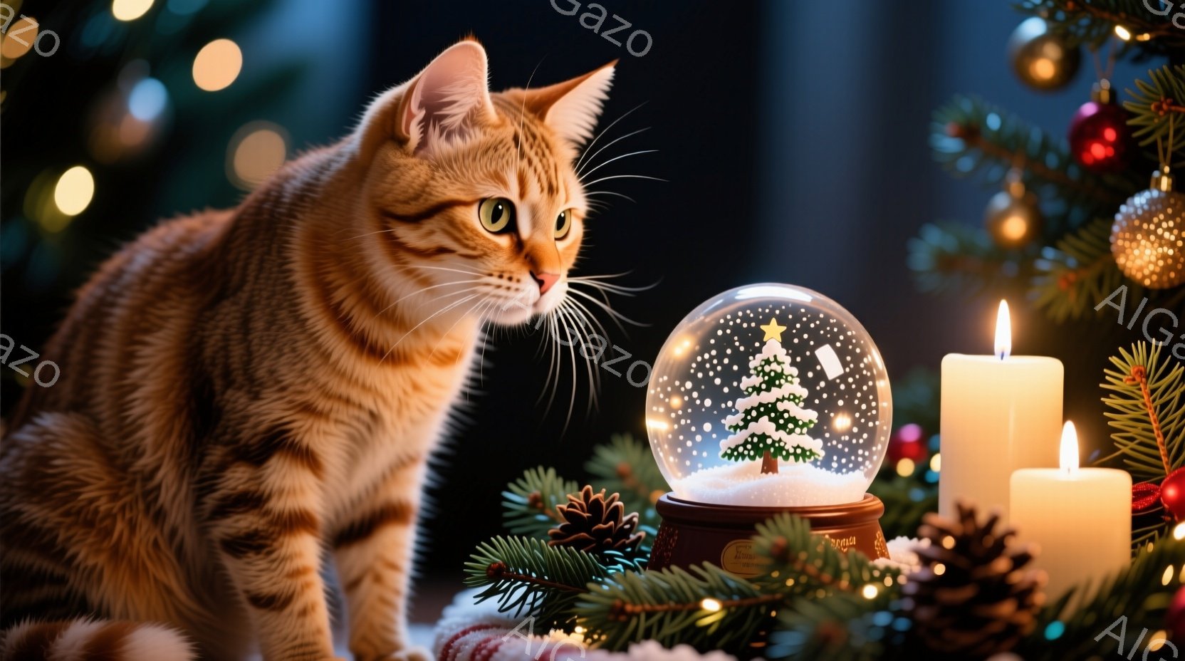 オレンジ色の縞模様の猫が、雪の結晶が舞うクリスマスのオーナメントのガラス球をじっと見つめています。背景には、緑のクリスマスツリーの枝、白いキャンドル、そしてぼんやりとしたクリスマス装飾が散りばめられて - AI生成フリー素材