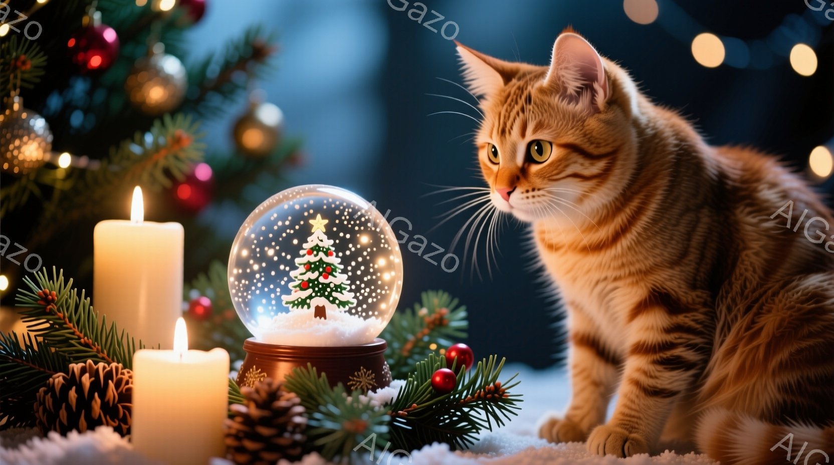 暖炉の光が揺らめく中、オレンジ色の毛並みの猫が雪の結晶が散りばめられた白い布の上に座り、雪景色が閉じ込められたグラスのオーナメントをじっと見つめている。背景には、緑の飾りが施されたクリスマスツリーと、点灯したキャンドルが暖かく灯り、冬の穏やかな雰囲気を醸し出している。猫の目は好奇心に満ちており、クリスマスの温かい光景がその姿を照らしている。