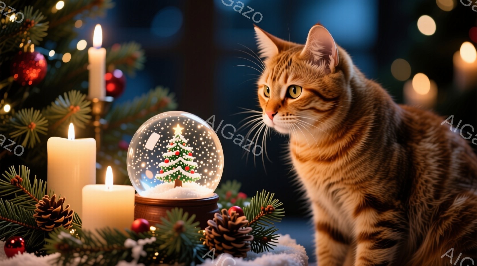 暖炉の光が灯る中で、オレンジ色の毛並みを持つ猫が雪の結晶と装飾されたクリスマスのオーナメントを見つめている。背景には、赤い実のついた植物や松ぼっくり、点灯されたキャンドルが散りばめられ、クリスマスの雰 - AI生成フリー素材