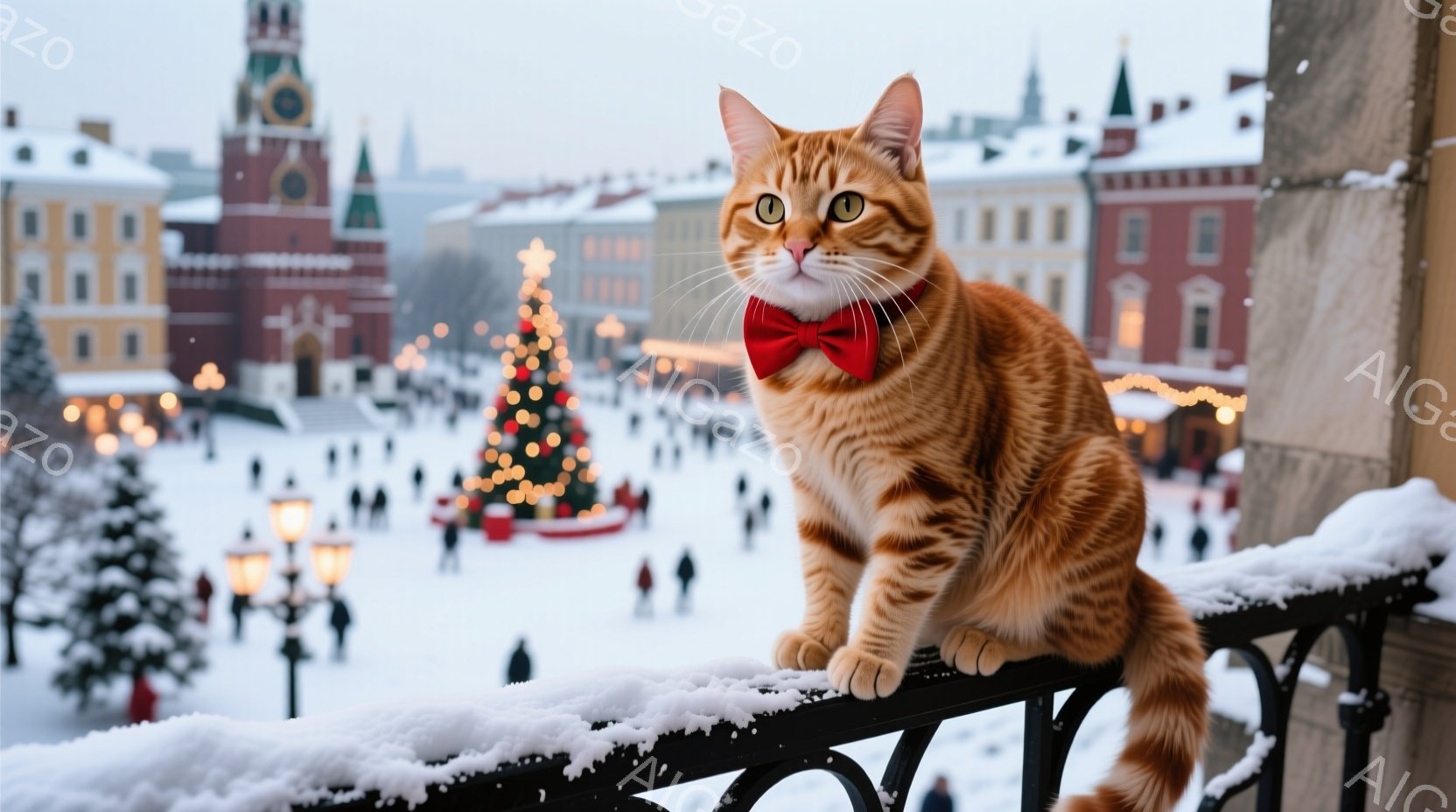 明るいオレンジ色のトラ猫が、雪で覆われた手すりに座り、赤い蝶ネクタイをつけている。背景には、クリスマスの飾り付けがされた大きなクリスマスツリーと、多くの人々で賑わう雪景色が広がり、遠くには歴史的な建物 - AI生成フリー素材