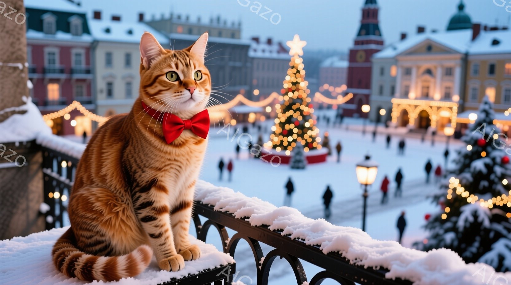 オレンジ色の縞模様の猫が雪で覆われた手すりに座り、赤い蝶ネクタイを付けてこちらを見ている。背景には、クリスマスマーケットの賑わいと、ライトアップされた建物やクリスマスツリーが広がり、冬の暖かく幻想的な - AI生成フリー素材