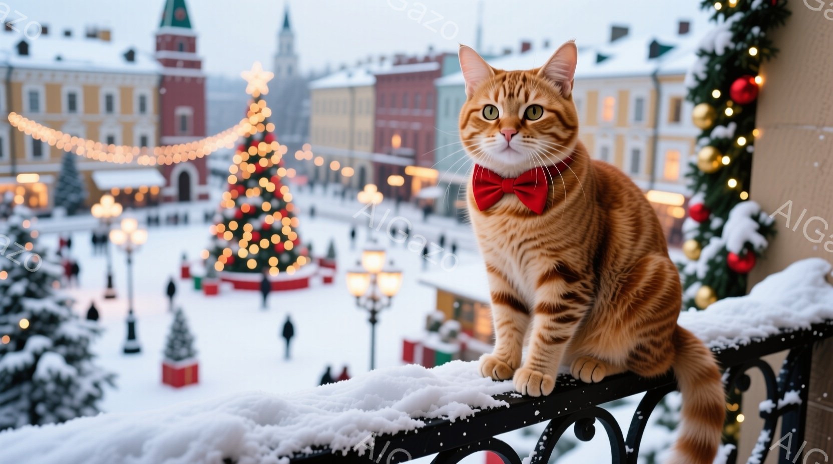 オレンジ色の毛並みの猫が、黒い柵の上に座ってこちらを見つめています。背景には雪景色が広がり、クリスマスツリーや装飾が施された建物が立ち並び、冬の祭りのような雰囲気が漂っています。猫は赤い蝶ネクタイを身 - AI生成フリー素材