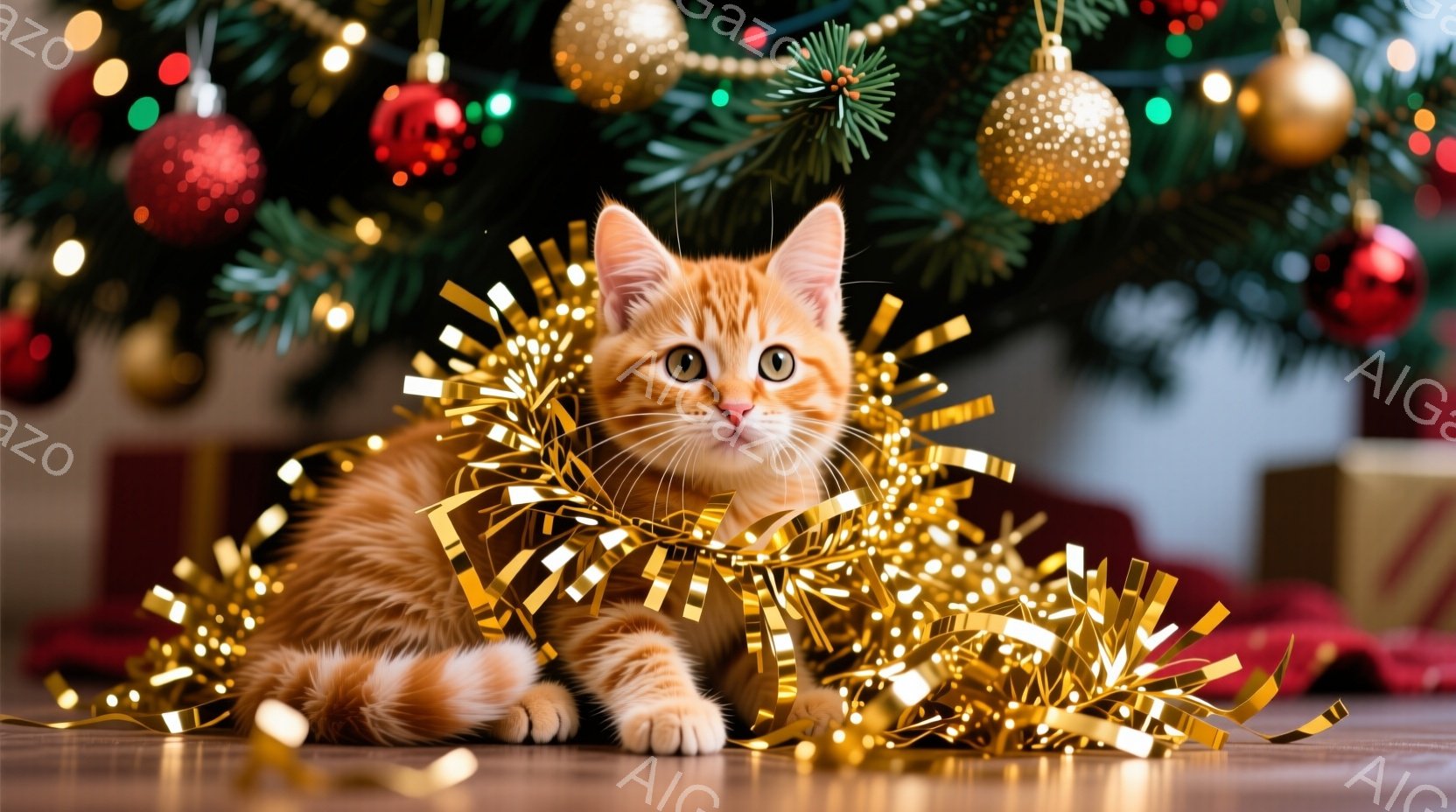 オレンジ色の毛並みの可愛い子猫が、キラキラと輝く金色の飾り付けの中に横たわっています。子猫は丸い瞳でカメラを見つめ、リラックスした表情を浮かべています。背景にはクリスマスツリーの緑とオーナメントの赤が映り、お祝いの雰囲気を感じさせます。