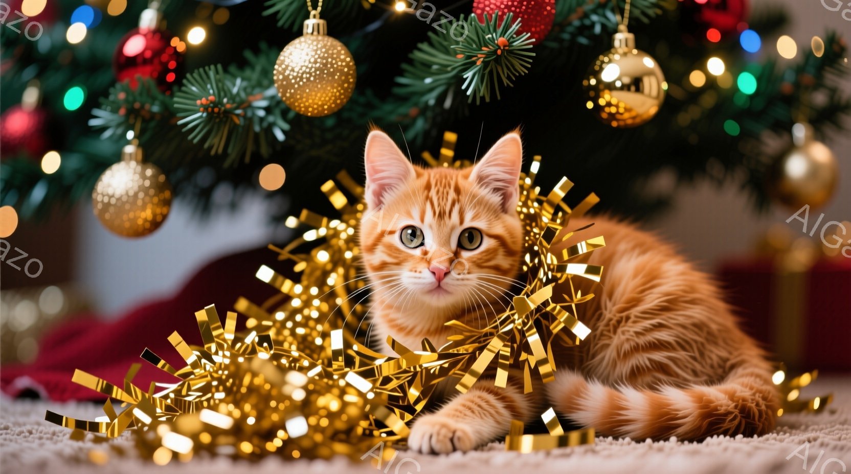 オレンジ色の毛並みの猫が、クリスマスツリーの下に敷かれた赤い布と金色のガーランドの中に横たわっています。猫は前足を伸ばし、リラックスした表情でカメラを見つめており、その目は鮮やかな金色です。背景にはぼやけたクリスマスツリーの飾りやライトがあり、暖かく、お祝いの雰囲気を醸し出しています。