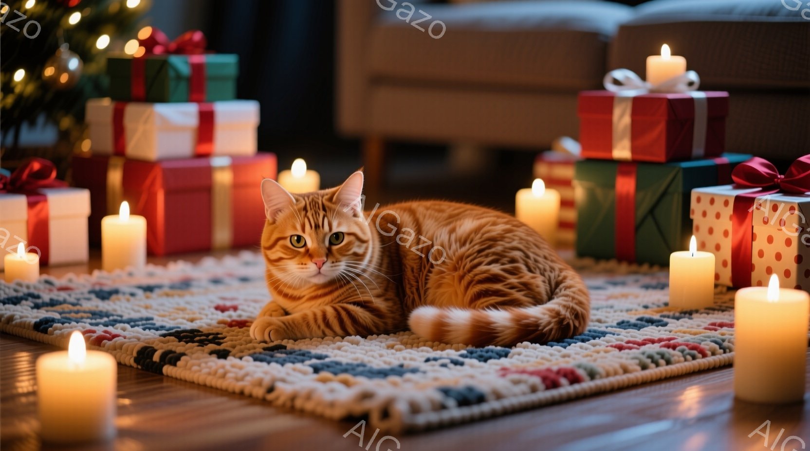 オレンジ色の毛並みの猫が、カラフルなラグの上に仰向けに寝そべっています。周囲には点灯したキャンドルが置かれ、背景にはクリスマスプレゼントの山が積み重ねられています。温かみのある光とプレゼントが、ホリデ - AI生成フリー素材