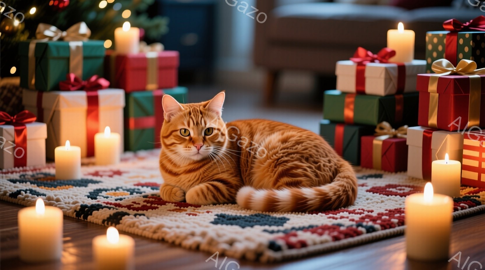 オレンジ色の毛並みの猫が、カラフルなラグの上に横たわっており、リラックスした表情をしています。背景にはクリスマスプレゼントの山と、灯されたキャンドルが暖かく優しい光を放ち、温かい祝祭の雰囲気を醸し出しています。木製の床とぼんやりとした背景の光が、さらに家庭的な雰囲気を高めています。