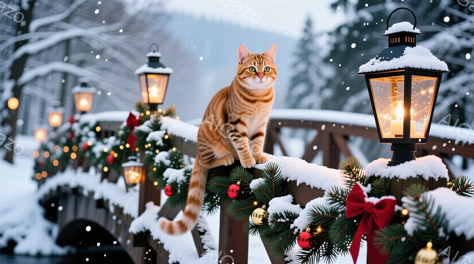 雪が降る中、茶色の縞模様の猫が雪で覆われた橋の欄干に座って正面を見つめている。橋はクリスマスツリーの飾りや赤いリボンで飾られ、周囲には点灯したランタンが並んでいる。背景には雪に覆われた木々がぼんやりと見え、暖かく穏やかな冬の雰囲気を醸し出している。