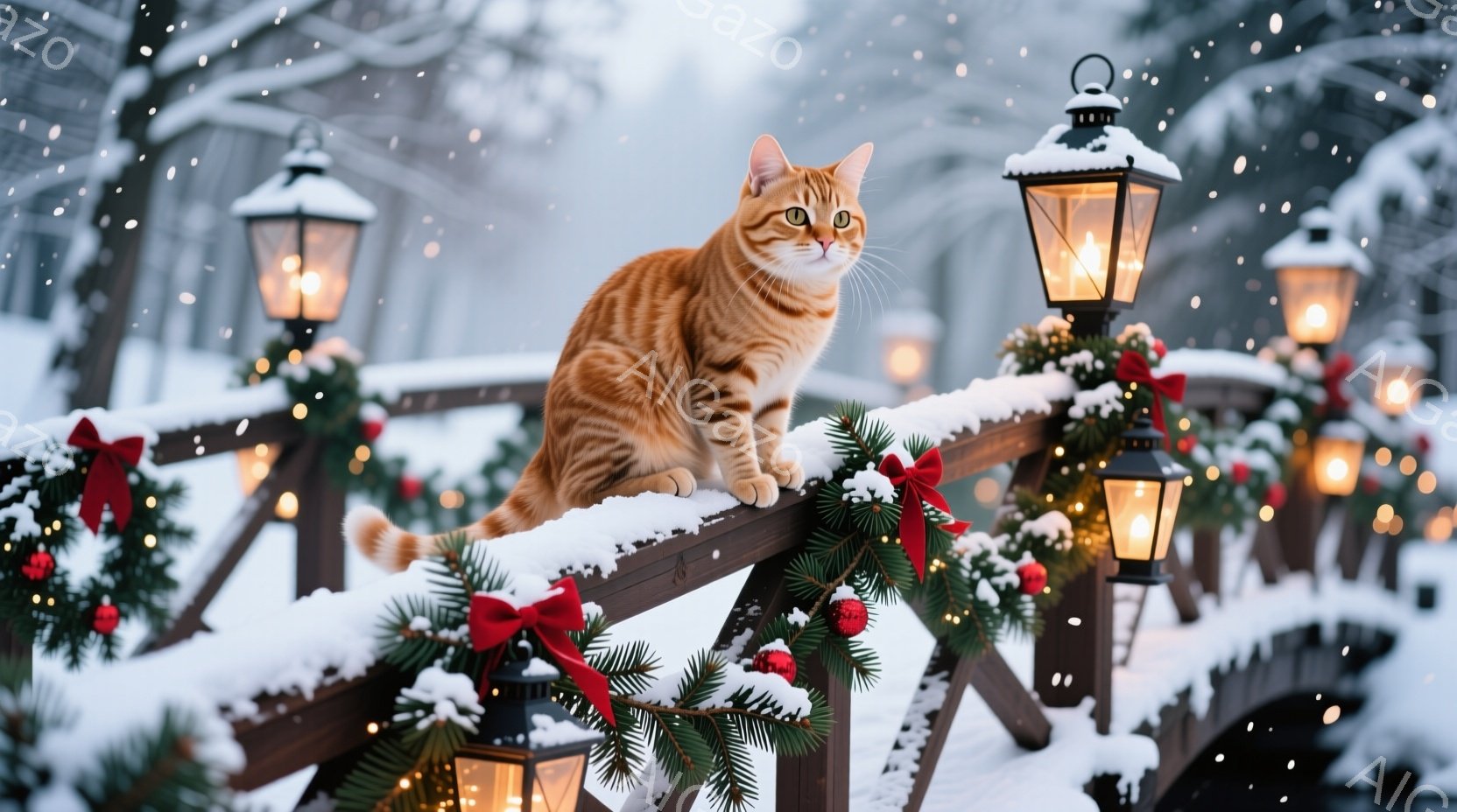 雪に覆われた木製の橋の上で、オレンジ色の毛並みの猫がまっすぐ前を見つめて座っています。橋の欄干にはクリスマスツリーの飾りや赤いリボンが飾られており、周囲には雪が舞い散っています。背景にはぼんやりと木々 - AI生成フリー素材
