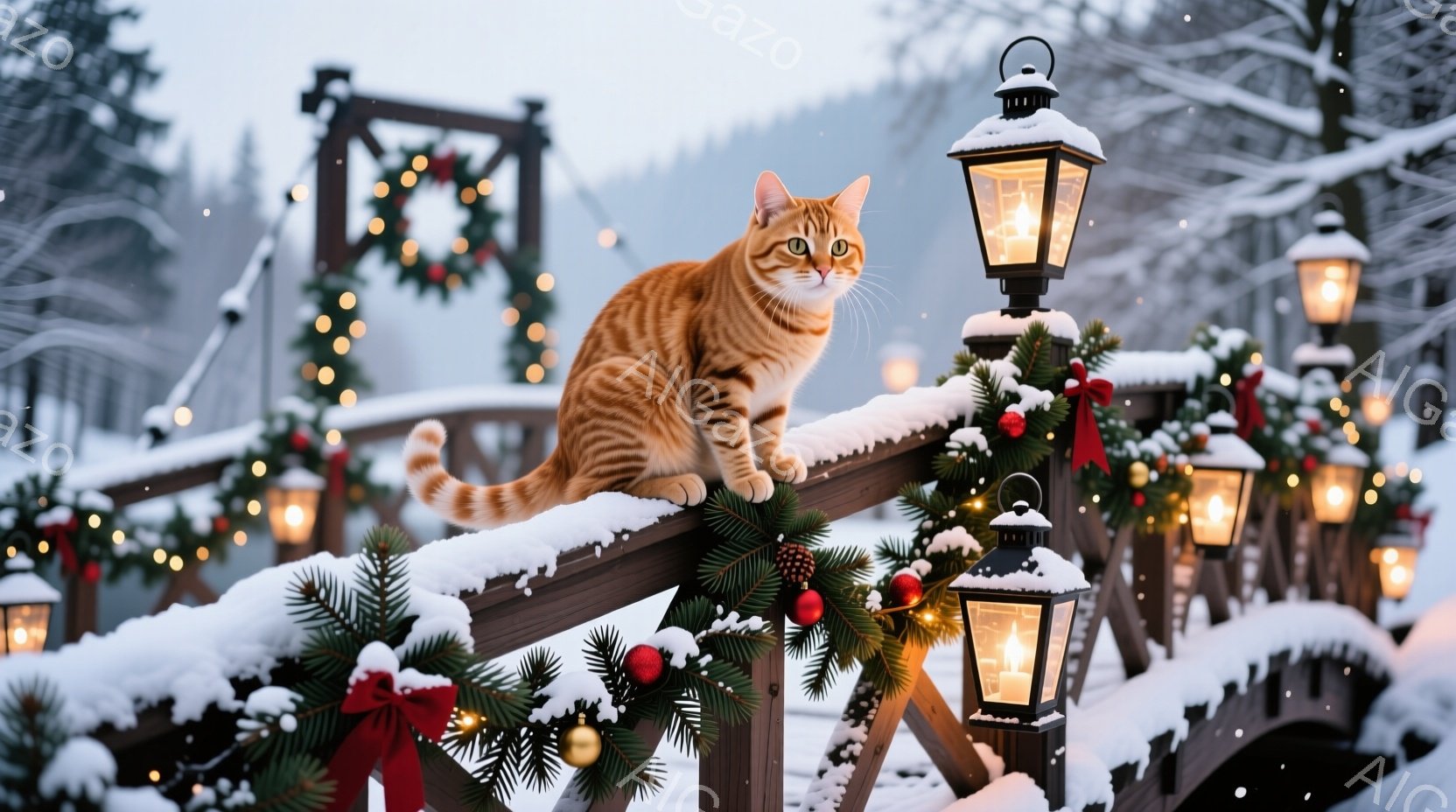 雪に覆われた木製の橋の上に、オレンジ色の縞模様の猫が座っています。橋はクリスマス装飾で飾られ、松飾りや赤いリボン、点灯したランタンが並び、冬の温かく幻想的な雰囲気を醸し出しています。背景には雪に覆われ - AI生成フリー素材