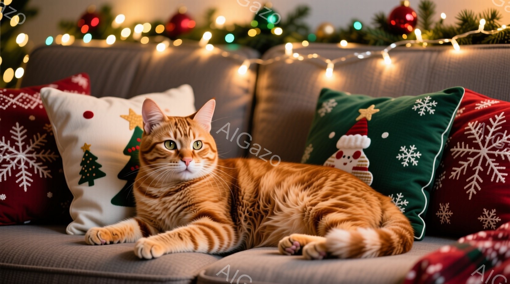 オレンジ色の縞模様の猫が灰色のソファに横たわっており、リラックスした表情をしています。背景にはクリスマス柄のクッションが並び、ぼやけたクリスマスツリーのイルミネーションが暖かく優しい雰囲気を醸し出して - AI生成フリー素材