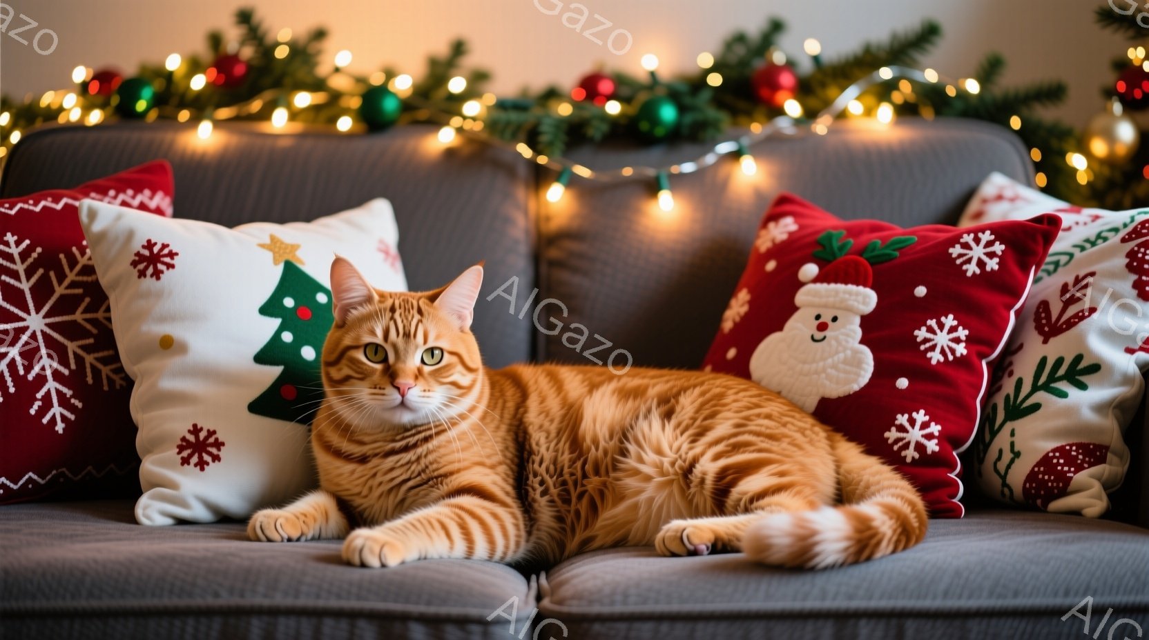 オレンジ色の縞模様の猫が、クリスマスの柄のクッションに囲まれた灰色のソファにゆったりと横たわっています。猫はリラックスした表情でカメラを見つめており、背景にはキラキラと光るクリスマスライトが見えます。 - AI生成フリー素材