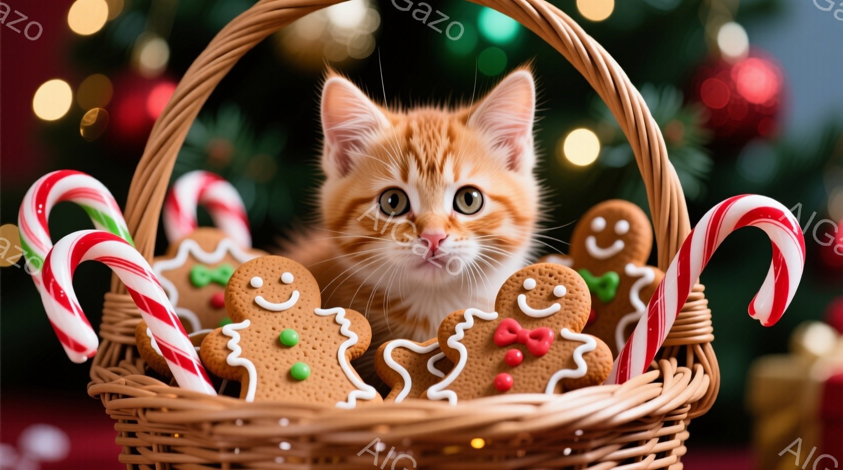 籐のバスケットの中に、オレンジ色の縞模様のキティが、クリスマスのジンジャーブレッドマンとキャンディケーンに囲まれて座っています。キティは丸い目をしてカメラを見つめ、おとなしく穏やかな表情をしています。背景にはぼやけたクリスマスツリーの光があり、暖かく、お祝いの雰囲気を醸し出しています。