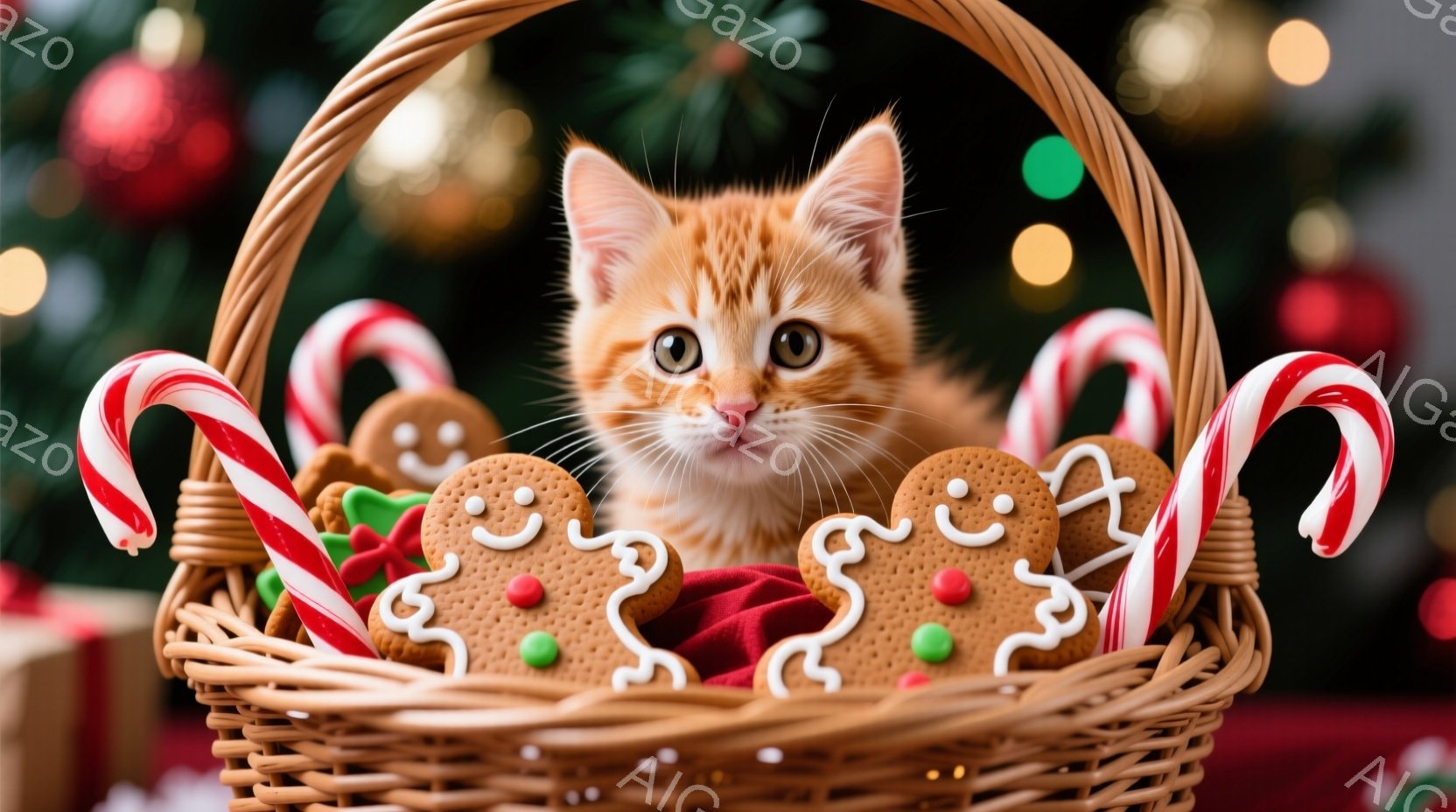 オレンジ色の毛並みの小さな子猫が、クリスマス風のバスケットの中に座っています。周りにはジンジャーブレッドクッキーやペパーミントキャンディが飾られ、まるでプレゼントのように可愛らしい様子です。背景にはぼやけたクリスマスツリーの飾りが見え、温かく、お祝いムードに満ちた雰囲気が漂っています。