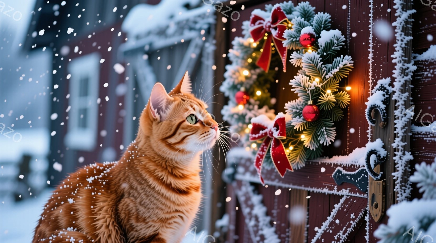 暖炉色の毛並みの猫が、雪が降り積もる赤い木製ドアの横で上を見上げています。ドアにはクリスマスリースが飾られ、赤いリボンやオーナメントで華やかに彩られています。背景には雪景色が広がり、穏やかで冬の温かい - AI生成フリー素材