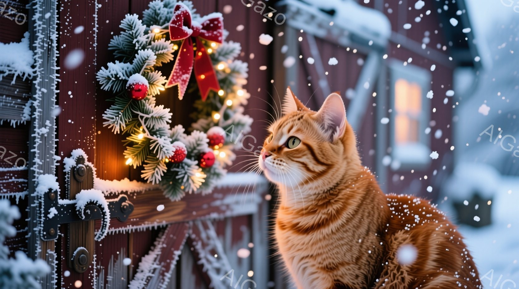 鮮やかなオレンジ色の毛並みを持つ猫が、雪が降り積もる赤い木のドアの横に立っています。猫は少し上を見上げ、興味深そうに何かを見つめており、その毛並みには雪がちらほらと積もっています。背景には雪景色が広が - AI生成フリー素材