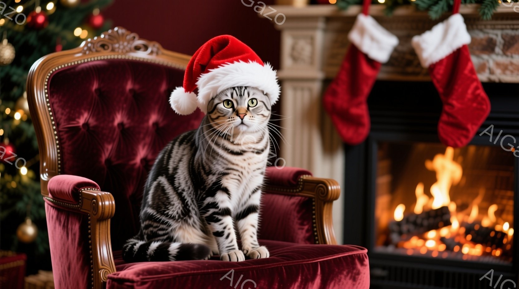 縞模様の猫が赤いサンタの帽子を被り、ベルベットの赤い椅子に座っている。背景にはクリスマスツリーの飾りと暖炉の炎が見え、暖かく、お祝いの雰囲気を醸し出している。猫は前を見据え、少し退屈そうな表情をしてい - AI生成フリー素材