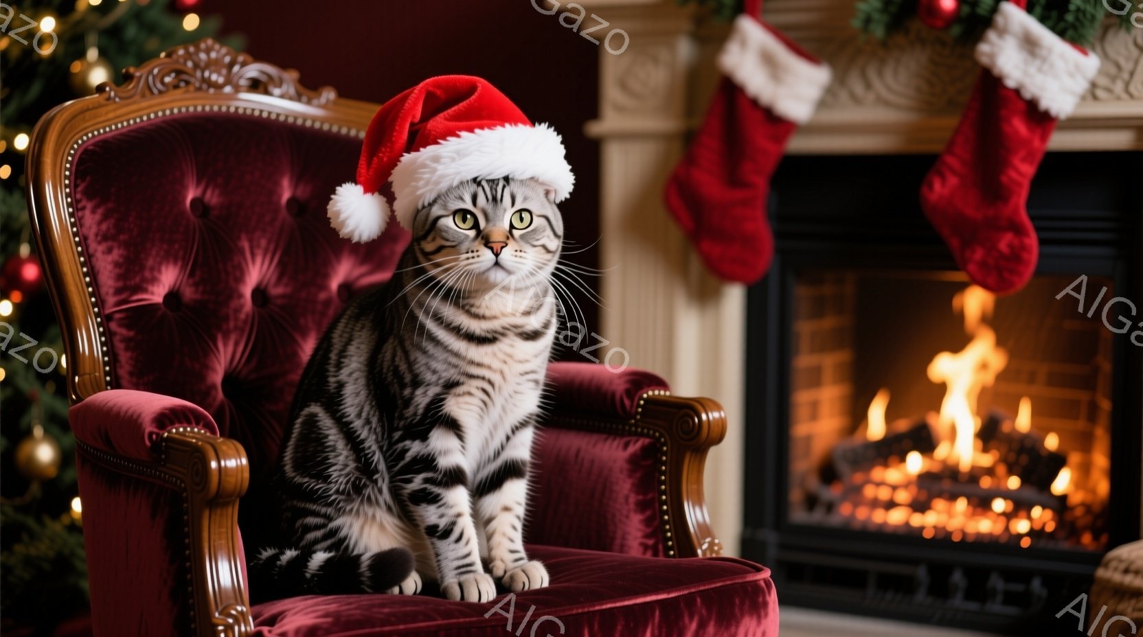 白と灰色の縞模様の猫が、赤いベルベットの肘掛け椅子に座っており、頭にはサンタ帽を被っています。猫は正面を見つめ、少し警戒しているような表情をしています。背景には、暖炉の炎と、クリスマスソックスが飾られたクリスマスツリーが見え、暖かく、お祝いムードに満ちた雰囲気です。