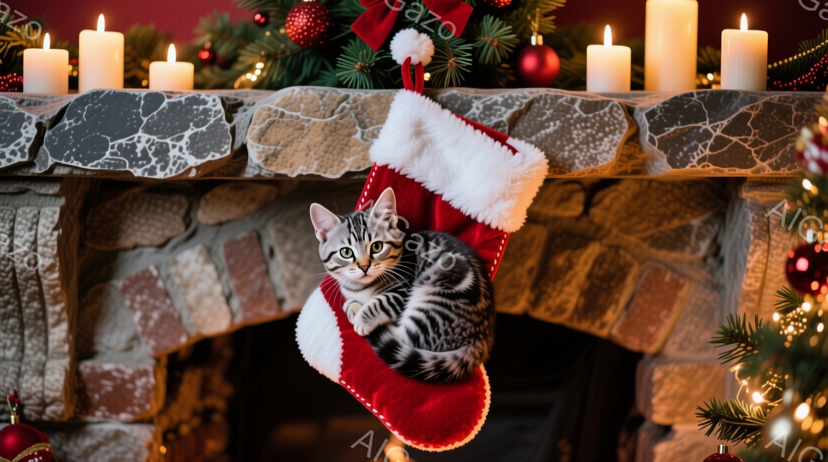 クリスマスを祝う暖かい雰囲気の中で、縞模様の猫が赤いクリスマスストッキングの中に丸まって座っています。ストッキングは暖炉のレンガの壁に掛けられ、背景にはクリスマスツリーと点灯したキャンドルが飾られてい - AI生成フリー素材