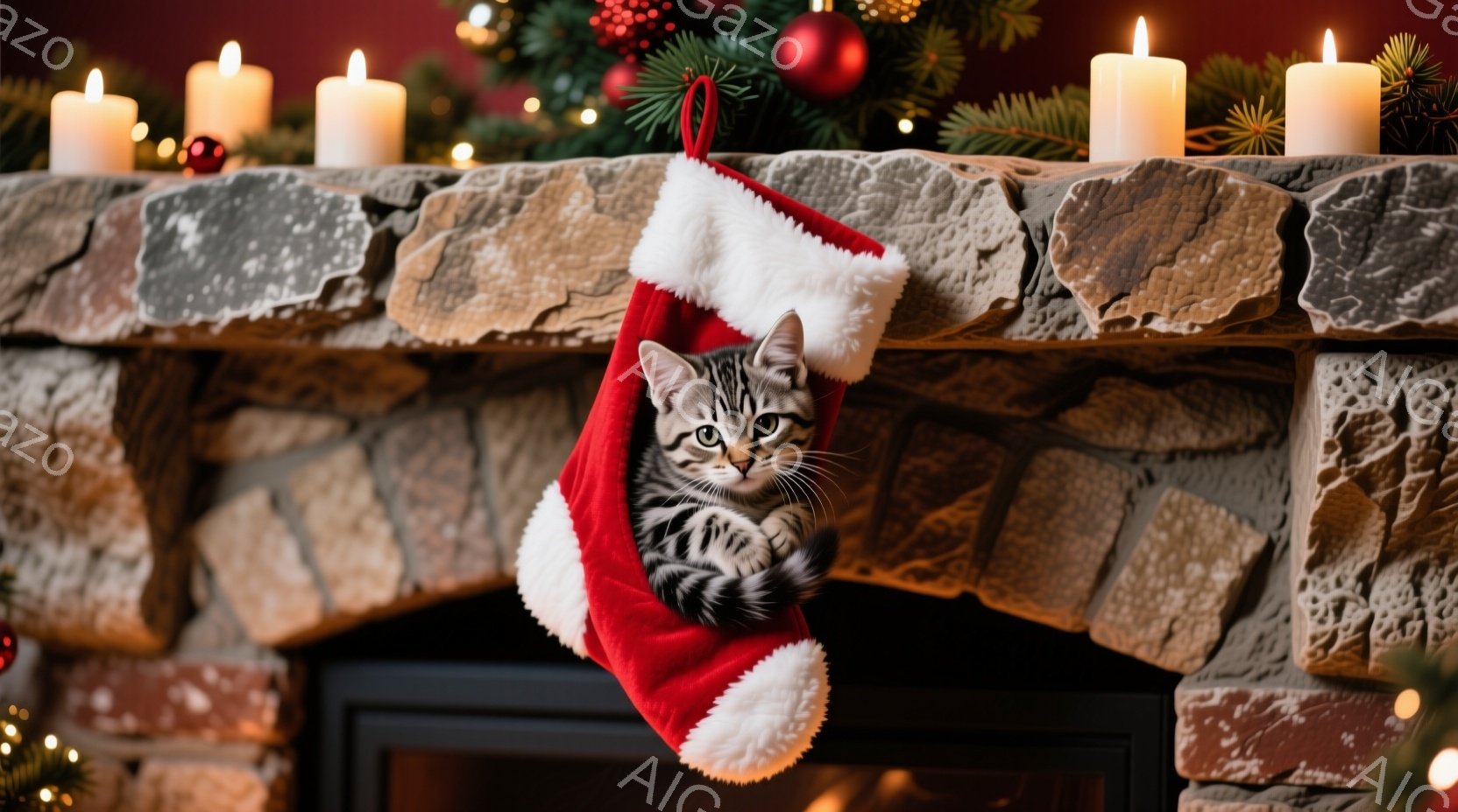 赤いクリスマスストッキングの中に、縞模様の可愛い子猫が丸まって座っています。背景にはレンガ造りの暖炉と、飾り付けられたクリスマスツリー、そして灯されたキャンドルが見え、温かさと穏やかな祝祭の雰囲気が漂 - AI生成フリー素材