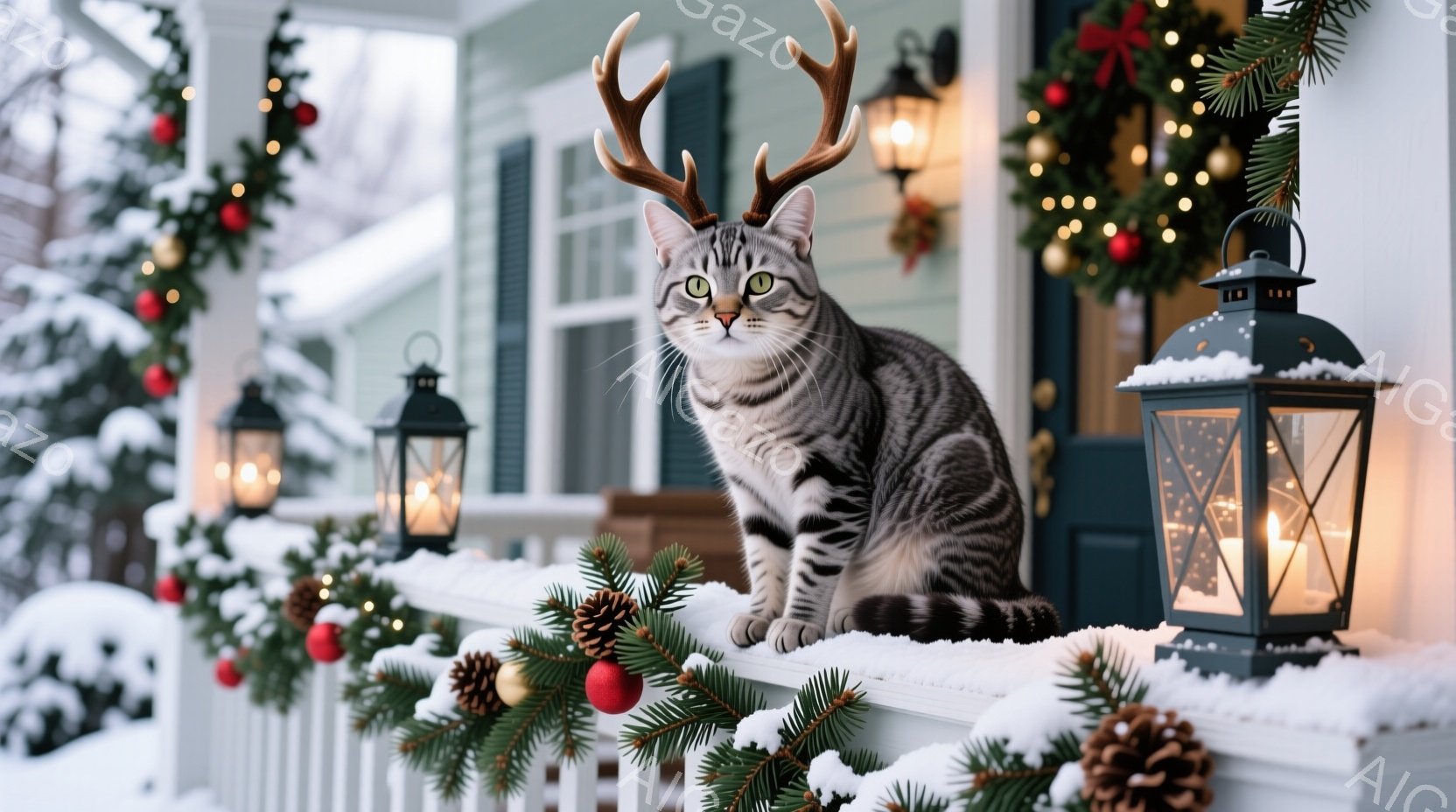 白い手すりに座った灰色の縞模様の猫が、クリスマス風の角の飾りを頭につけて正面を見つめている。背景には、クリスマスツリーの飾り付けが施された玄関と、雪で覆われた庭、そして薄暗い冬の空が広がり、暖かい光が - AI生成フリー素材