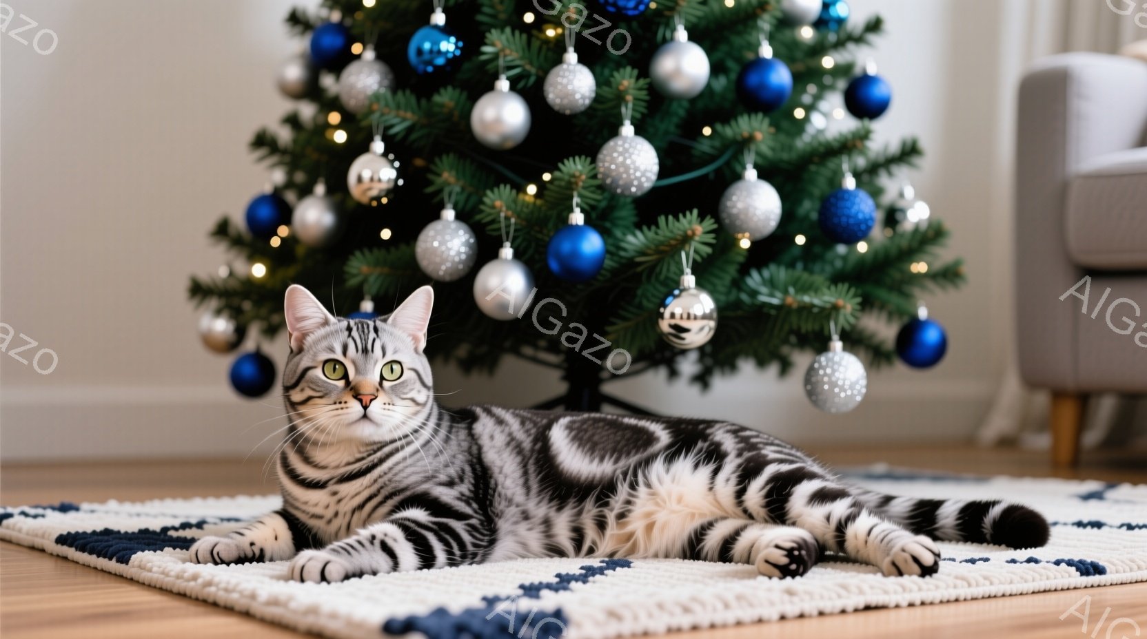 白と灰色の縞模様の猫が、青い柄のラグの上に横たわっています。背景には、青と銀のオーナメントで飾られたクリスマスツリーがあり、暖かく穏やかな雰囲気を醸し出しています。猫はリラックスした様子で、穏やかな表 - AI生成フリー素材