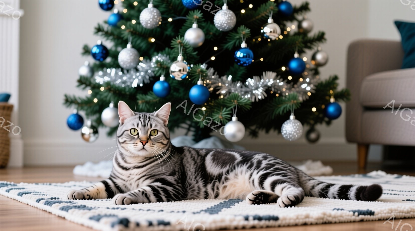 白とグレーの縞模様の猫が、オフホワイトの幾何学模様のラグの上に横たわっています。背景には、銀と青のオーナメントで飾られたクリスマスツリーが見え、暖かくお祝いの雰囲気です。猫はリラックスした表情で、ゆったりとくつろいでいます。