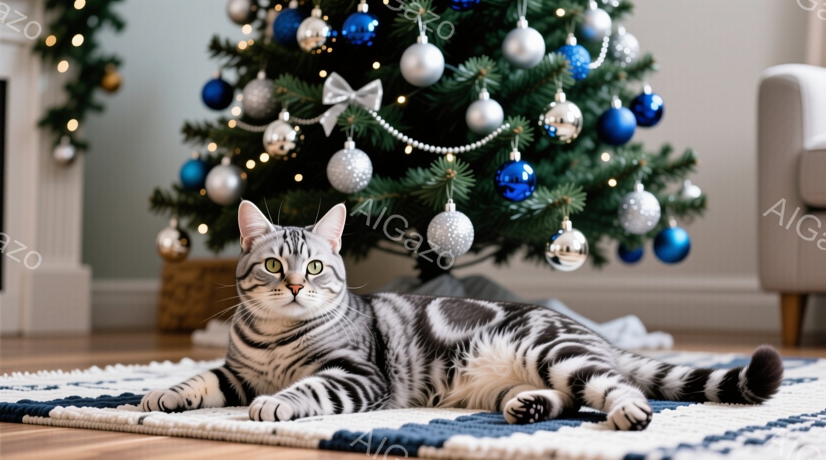 白とグレーの縞模様の猫が、明るい色の敷物の上でリラックスして横たわっています。背景には、青と銀のオーナメントで飾られたクリスマスツリーが飾られており、室内は暖かい雰囲気です。猫は前足を揃え、カメラの方 - AI生成フリー素材