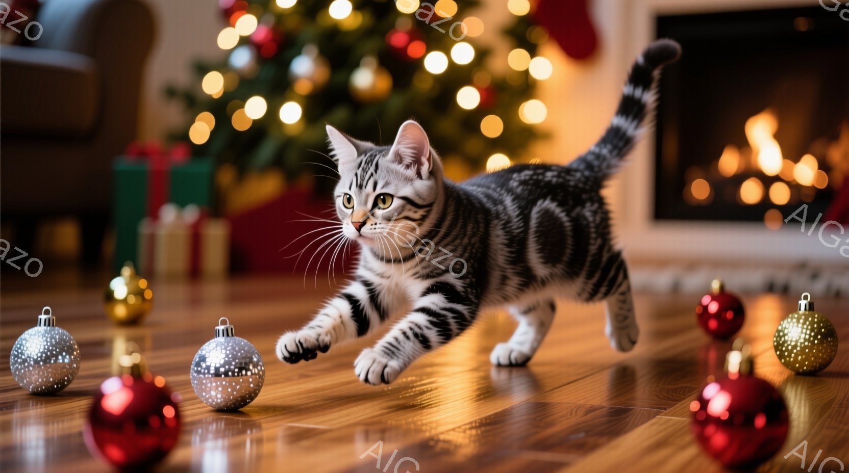 縞模様の小さな子猫が、クリスマスツリーの周りの床で遊び心たっぷりに走り回っています。背景には、ぼやけたクリスマスツリーの輝きと暖炉の炎が見え、赤いオーナメントが散らばっています。全体的に、暖かく、お祝 - AI生成フリー素材