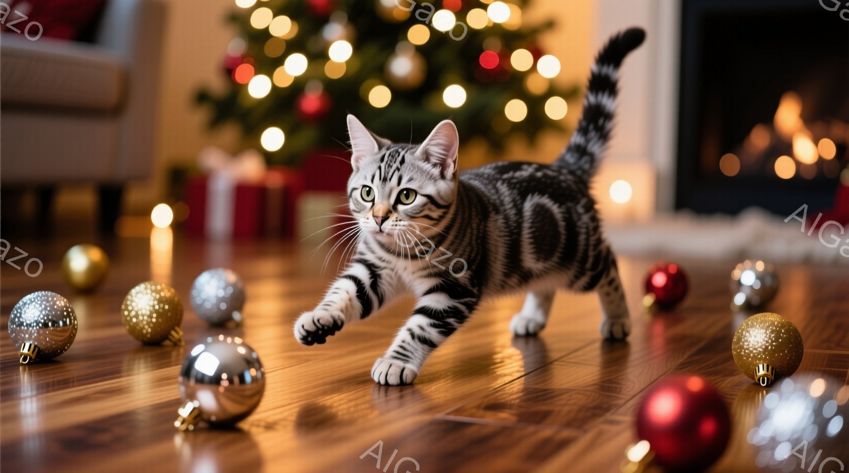 縞模様の小さな子猫が、クリスマスツリーの周りに散らばったオーナメントに向かって飛びかかろうとしています。木製の床には、金と銀の光り輝くボールが転がり、背景にはぼやけたクリスマスツリーと暖炉が見えます。 - AI生成フリー素材