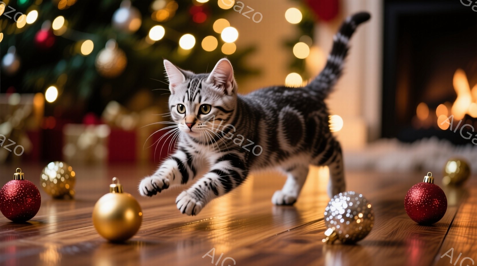 白と黒の縞模様の小さな子猫が、木製の床の上を活発に駆け抜けている。周囲には赤、金、銀のクリスマスオーナメントが散らばり、背景にはぼやけたクリスマスツリーと暖炉が見える。暖かく、遊び心のある、お祝いの雰 - AI生成フリー素材