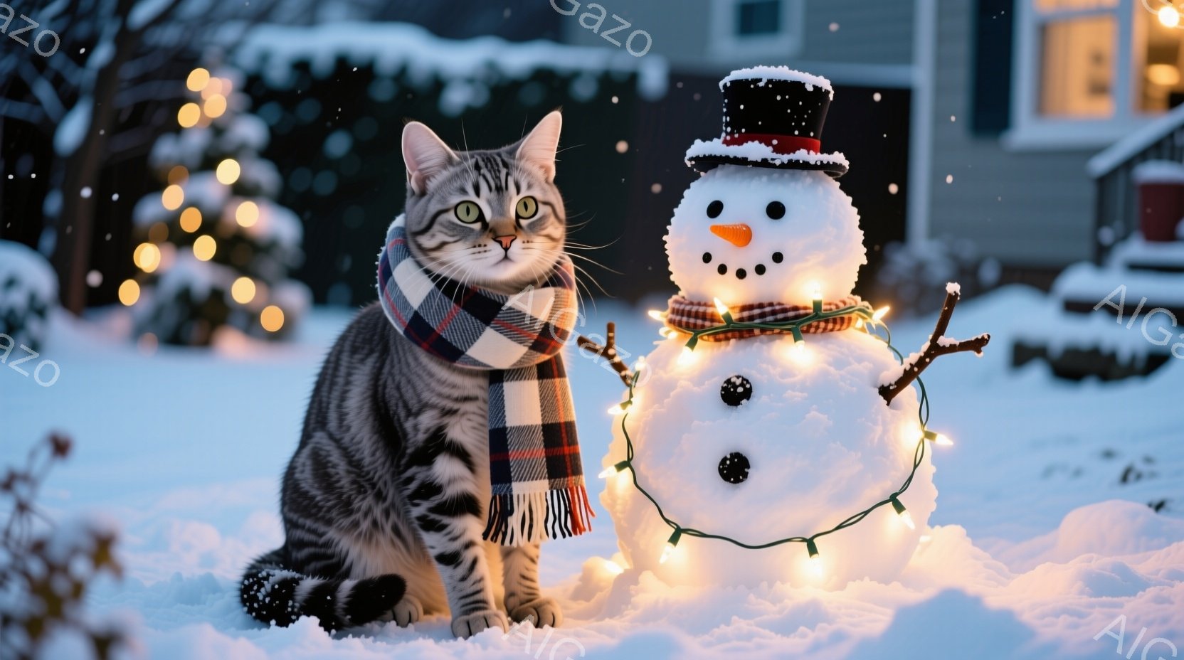 白い雪景色の中に、縞模様の猫がチェック柄のマフラーを巻いて座っています。猫の隣には、ライトで飾られた雪だるまが立っており、雪景色とライトの温かい光が、冬の穏やかな雰囲気を醸し出しています。背景には家が - AI生成フリー素材