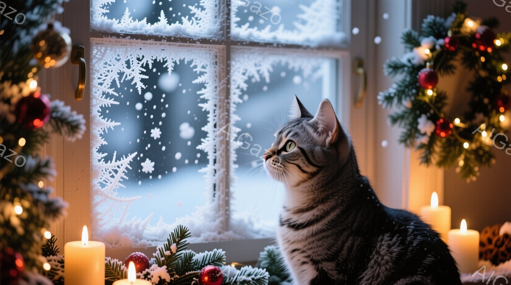 縞模様の猫が窓の外を見つめており、その表情はどこか物憂げで、静かな冬の景色に意識を集中させているようだ。窓には雪の結晶の模様が描かれており、背景にはクリスマスツリーや点灯されたキャンドルが暖かく、穏や - AI生成フリー素材