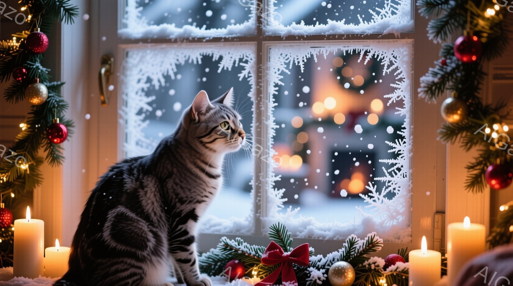窓辺に灰色の縞模様の猫が座り、外の雪景色を眺めている。窓ガラスには雪の結晶が描かれ、周囲にはクリスマスツリーの飾りや点灯したキャンドルが配置され、温かく幻想的な雰囲気を醸し出している。背景にはぼやけた - AI生成フリー素材