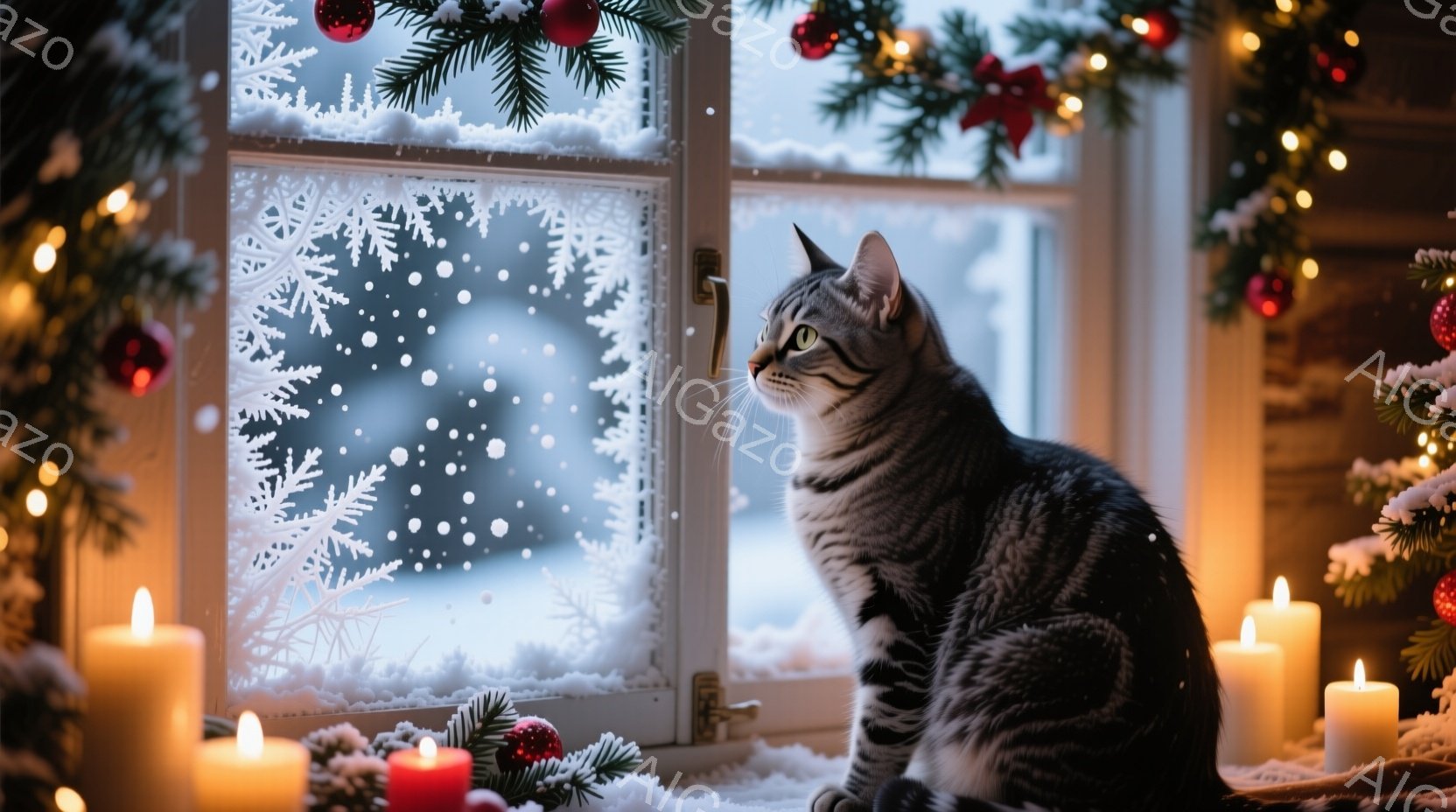 窓辺に座った縞模様の猫が、外の雪景色をじっと見つめている。背景には、クリスマスツリーの飾りと灯されたキャンドルが暖かく、冬の静かな夜の雰囲気を作り出している。雪片の模様が窓に描かれており、猫の姿と相まって、心地よい安らぎと冬の暖かさを感じさせる。