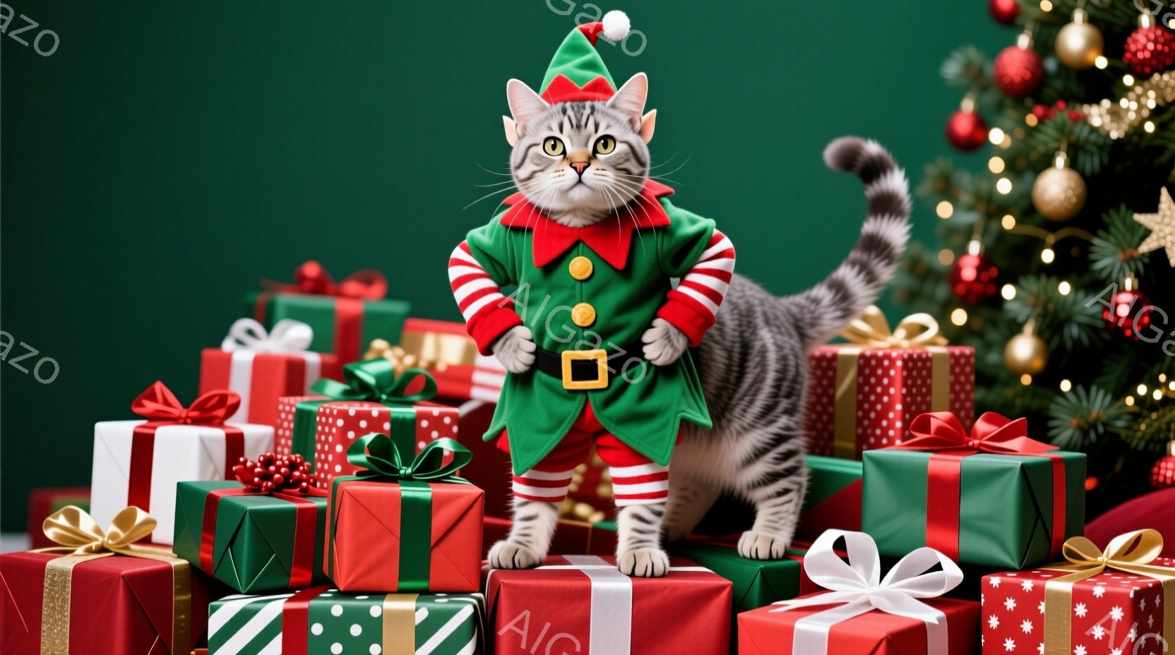 縞模様の猫が緑と赤のストライプのズボンと緑のジャケット、そして先のとがった帽子を身に着けています。猫はプレゼントの山の上に立ち、前足を組み、少し自慢げな表情をしています。背景にはクリスマスツリーが飾られ、たくさんのプレゼント箱が積み重ねられており、全体的に祝祭的で楽しい雰囲気が漂っています。