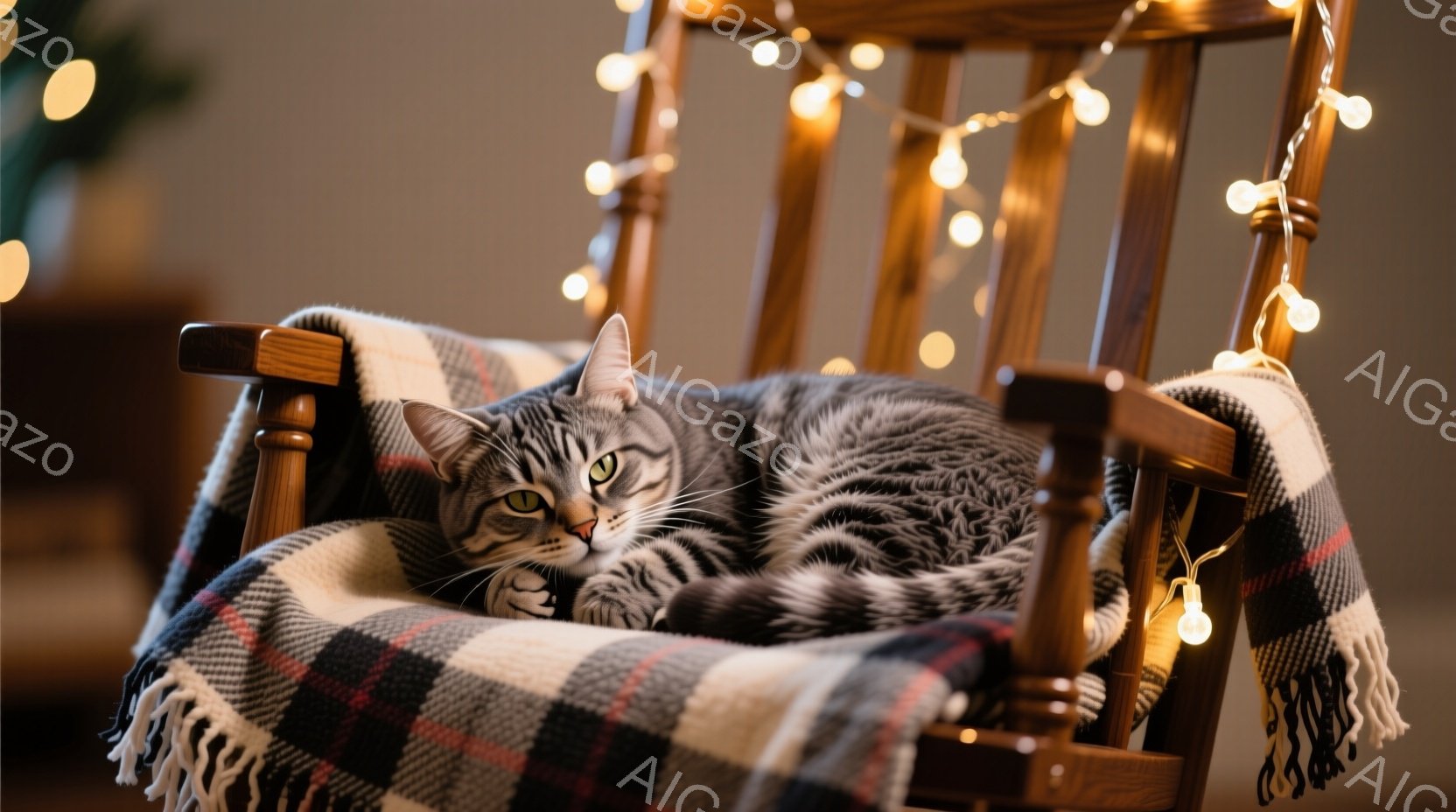 縞模様の猫が揺り椅子に丸まって眠っています。椅子にはチェック柄のブランケットが敷かれ、猫はリラックスした表情で、穏やかな雰囲気を醸し出しています。背景にはぼんやりと緑の植物が見え、温かい光のイルミネーションが猫を優しく照らしています。