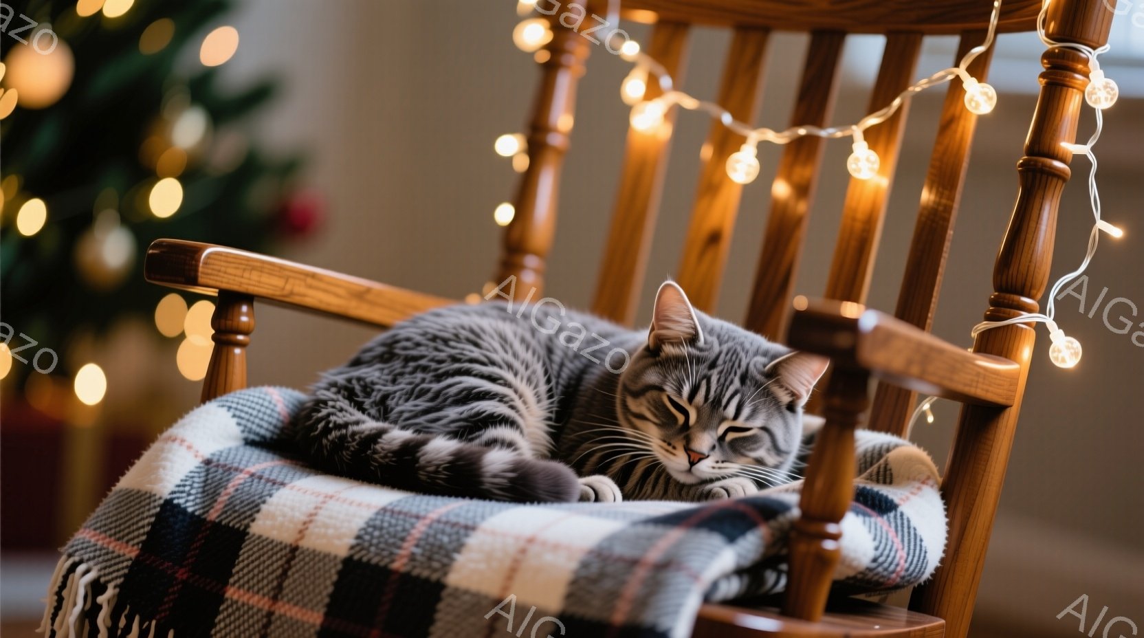 縞模様の猫が、チェック柄のブランケットが敷かれたロッキングチェアに丸まって眠っています。背景にはぼやけたクリスマスツリーと、暖色のフェアリーライトが飾られており、冬の穏やかな雰囲気を醸し出しています。 - AI生成フリー素材