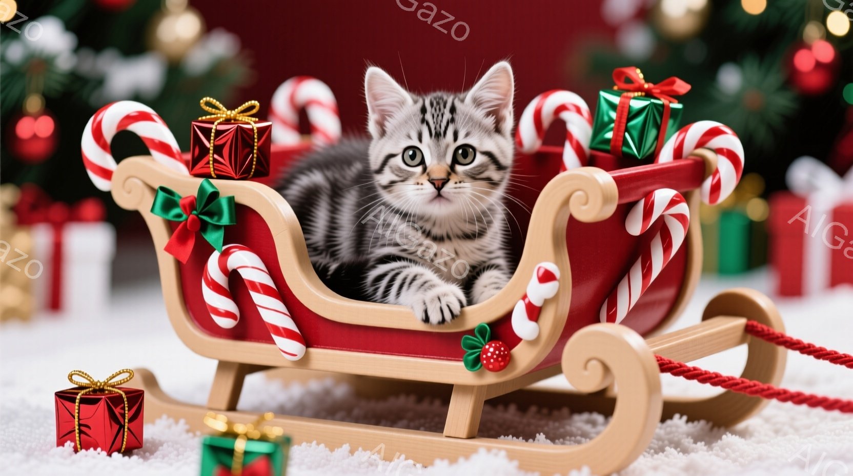 白と灰色の縞模様の小さな子猫が、赤いそりに横たわってこちらを見ています。そりはクリスマスのプレゼントやキャンディケーンで飾られ、白い雪の上に置かれています。背景にはぼやけたクリスマスツリーが見え、全体 - AI生成フリー素材