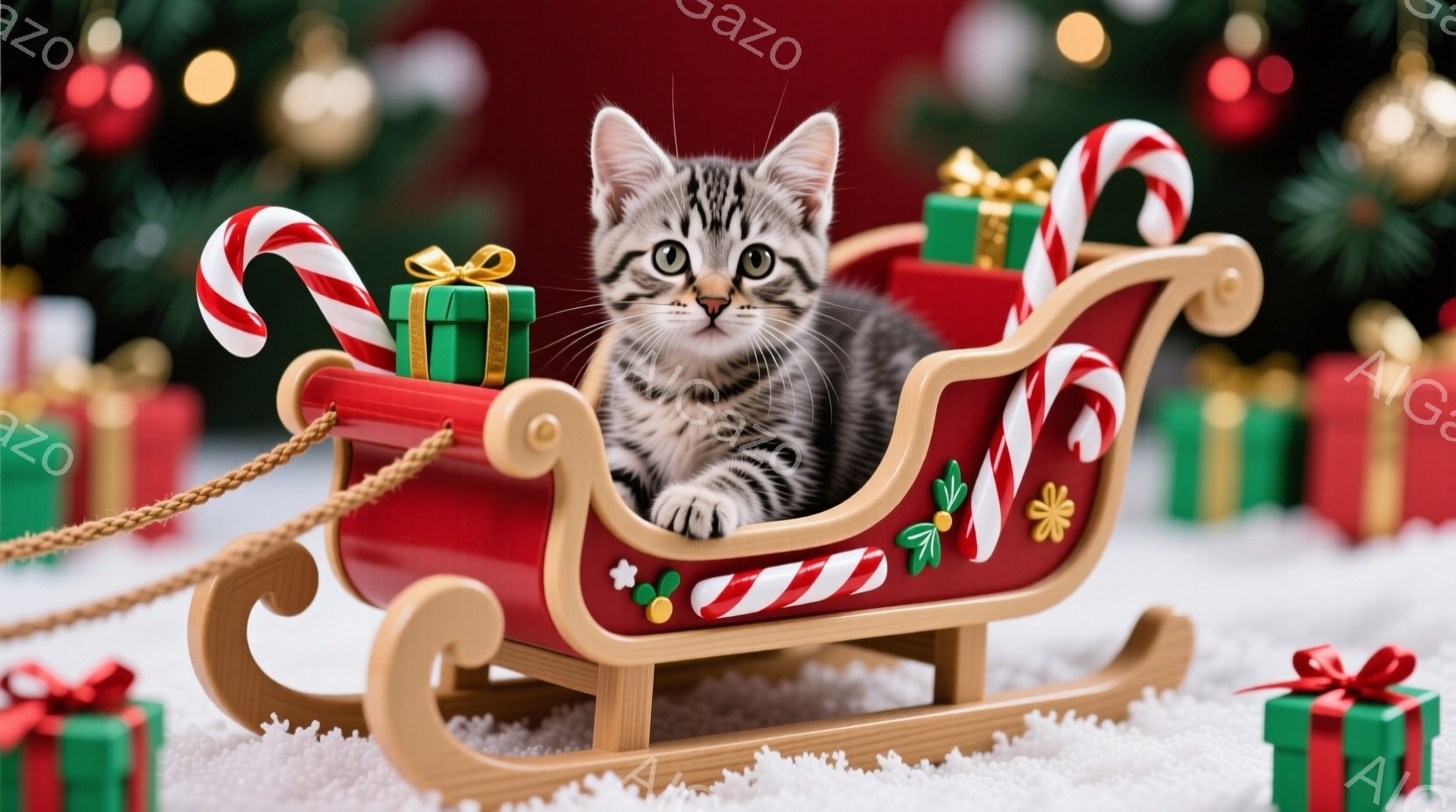 白と黒の縞模様の小さな子猫が、赤色のそりに横たわってこちらを見ています。そりは金色のロープで引かれ、周りには緑と赤のリボンで飾られたプレゼントの箱やキャンディケーンが置かれています。背景にはぼやけたク - AI生成フリー素材