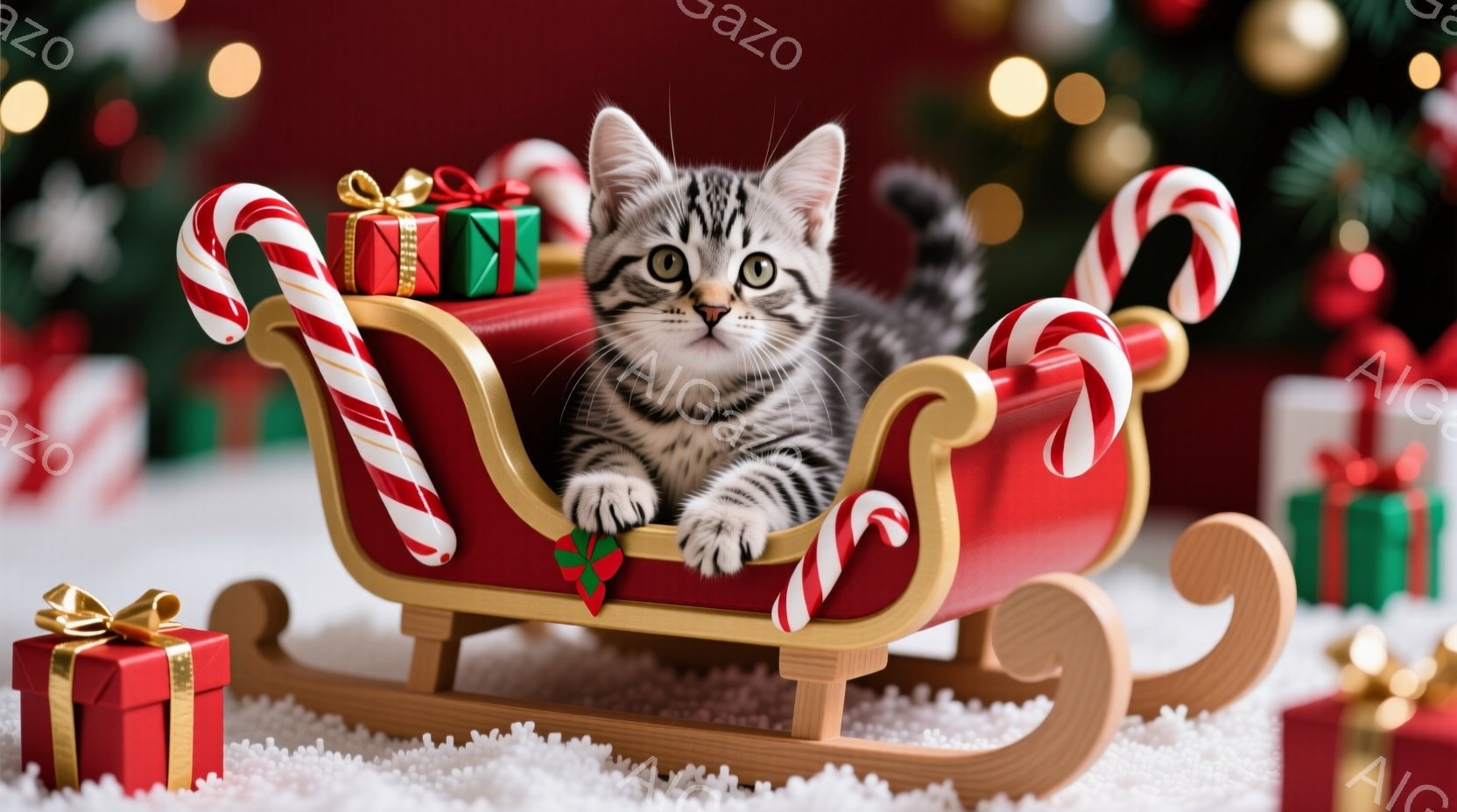 白と黒の縞模様の小さな子猫が、赤いそりに横たわってこちらを見ています。 そりの周りにはキャンディケーンや緑と赤のリボンで飾られたプレゼントボックスが置かれており、背景にはぼやけたクリスマスツリーが見え - AI生成フリー素材
