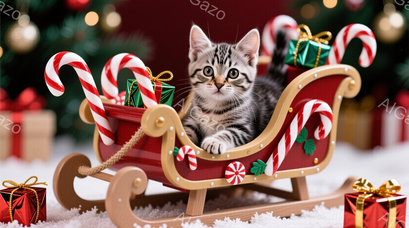 白い毛並みに縞模様が入った子猫が、赤いそりに横たわってこちらを見ています。周囲にはキャンディケーンやリボンで飾られたプレゼントボックスが置かれ、背景にはクリスマスツリーの緑が広がっています。全体的に暖 - AI生成フリー素材