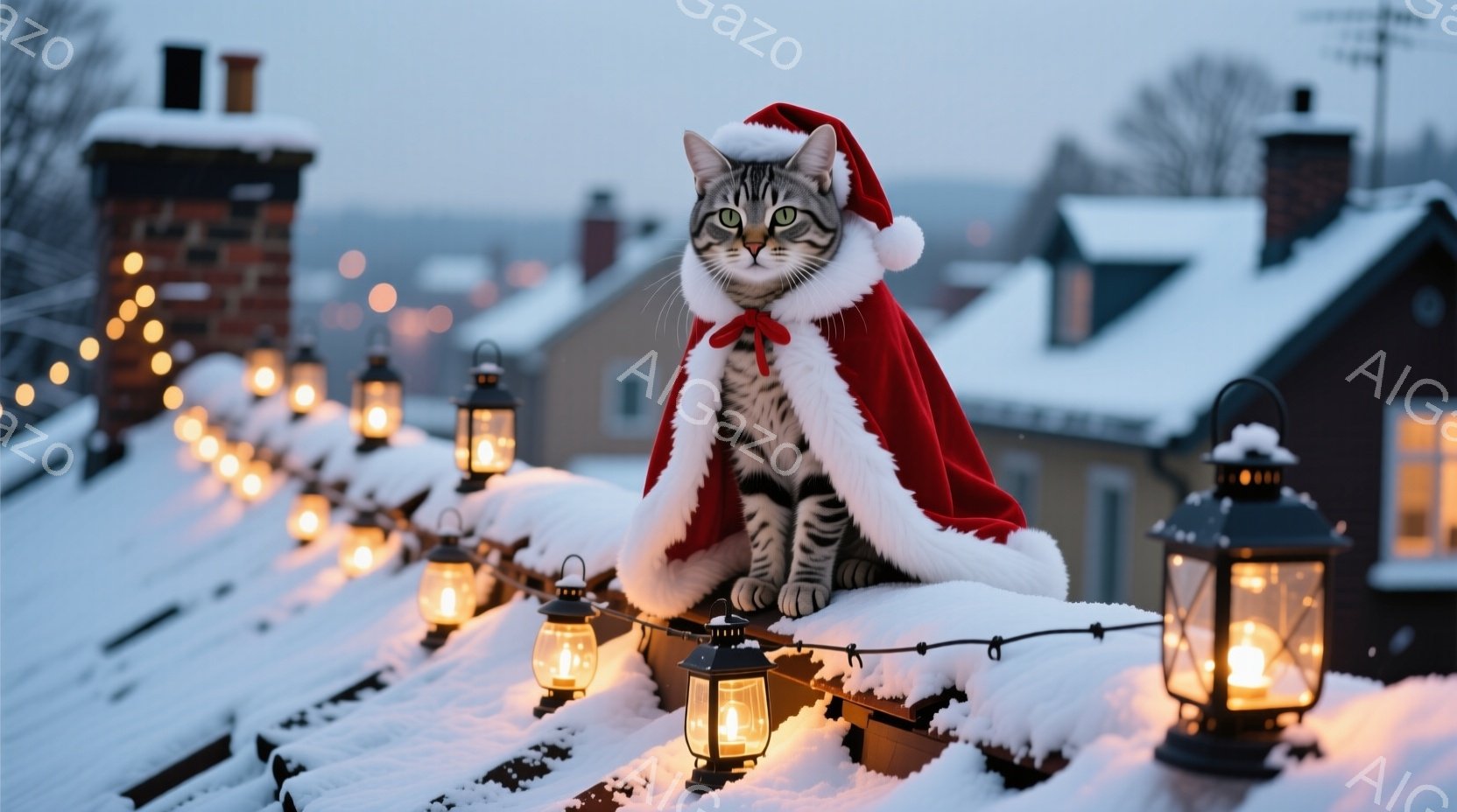 雪を頂いた屋根の上で、サンタクロースの帽子と赤いマントを身に着けた灰色の猫が座っています。猫は正面を見ており、穏やかで落ち着いた表情をしています。背景には、雪に覆われた屋根と点灯したランタンが並び、冬 - AI生成フリー素材