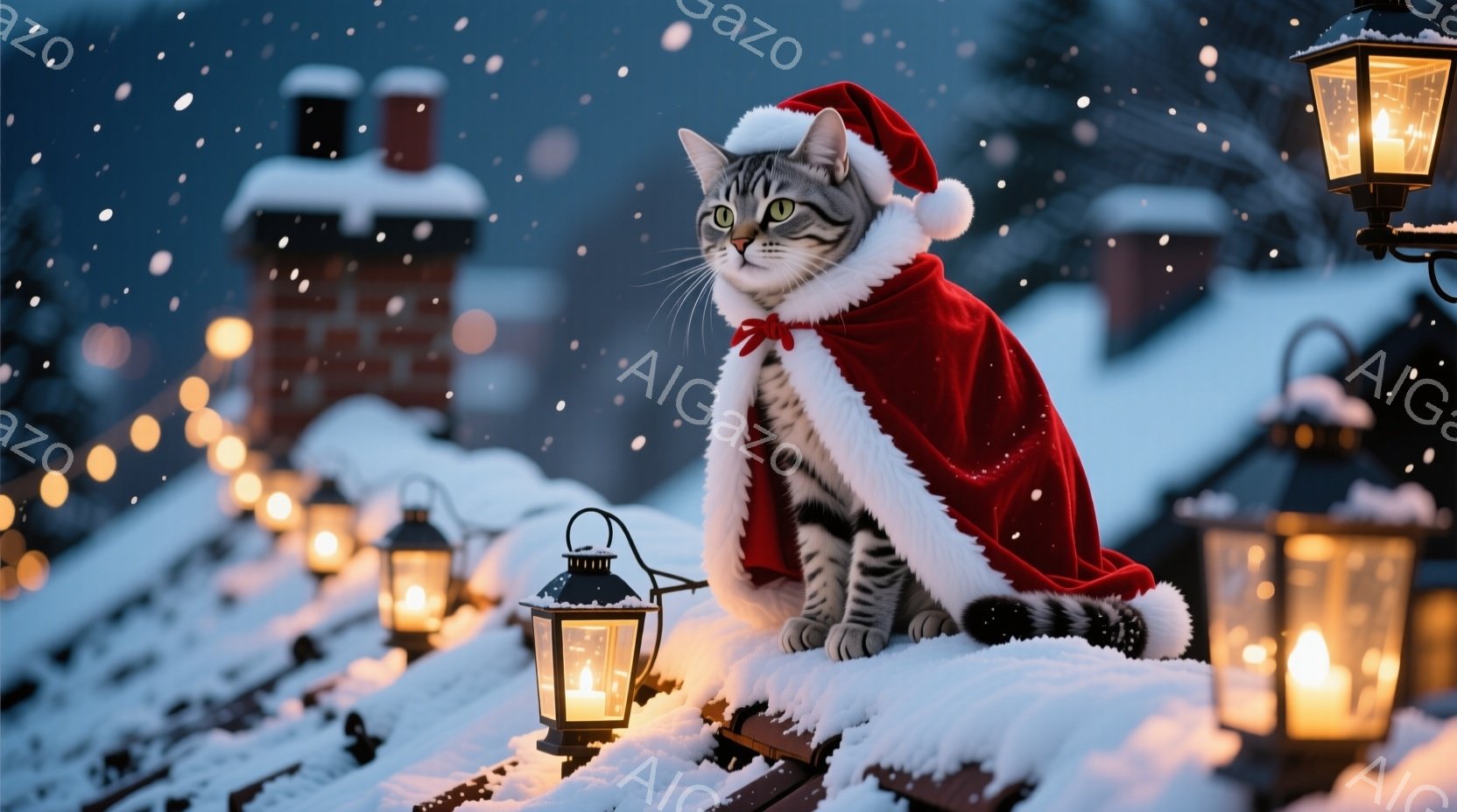 白と灰色の毛並みを持つ猫が、クリスマスらしい赤いマントと帽子を身につけて屋根の上で座っています。背景には雪景色が広がり、屋根の上には複数の提灯が灯っており、温かく幻想的な雰囲気を醸し出しています。猫は - AI生成フリー素材
