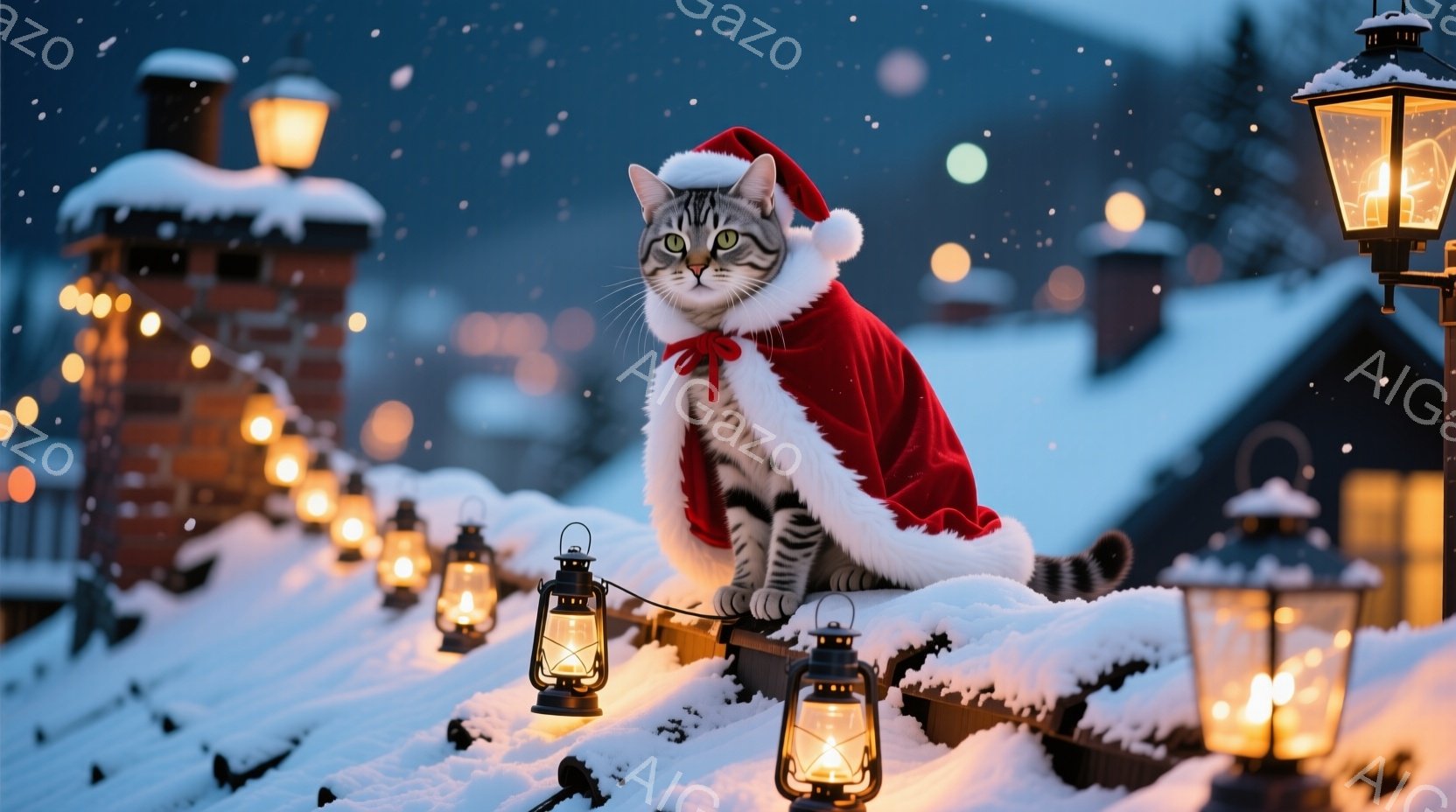 白い縞模様の猫が、赤いサンタクロースの衣装を着て雪の屋根の上で座っています。背景には、雪を頂いた屋根と点灯したランタンが並び、冬の夜の暖かく幻想的な雰囲気を醸し出しています。猫は前方をまっすぐ見ており - AI生成フリー素材