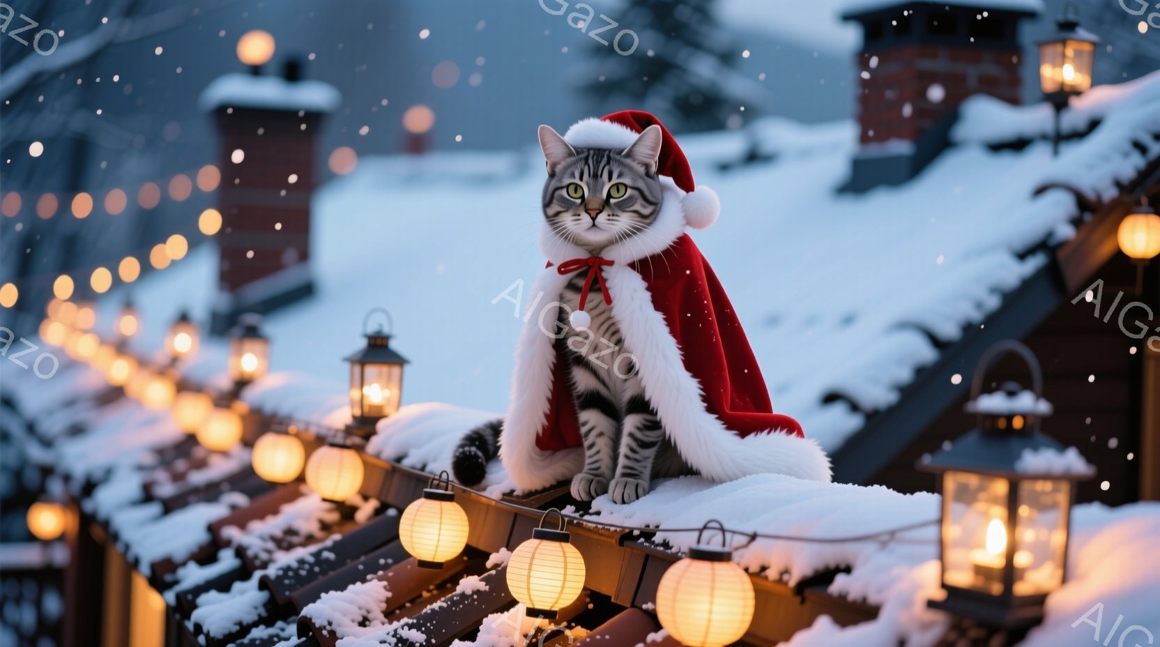 白とグレーの縞模様の猫が、赤いサンタクロースのケープと帽子を身につけて屋根の上に座っています。背景には雪が積もった建物と、暖かく光る提灯が連なり、幻想的な冬の雰囲気を醸し出しています。猫は正面を見据え - AI生成フリー素材